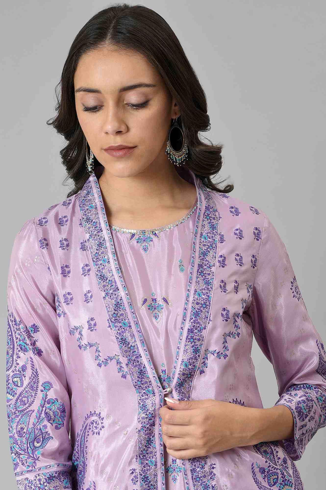 Light Purple Glitter Printed Duo Dress Set - Image 8