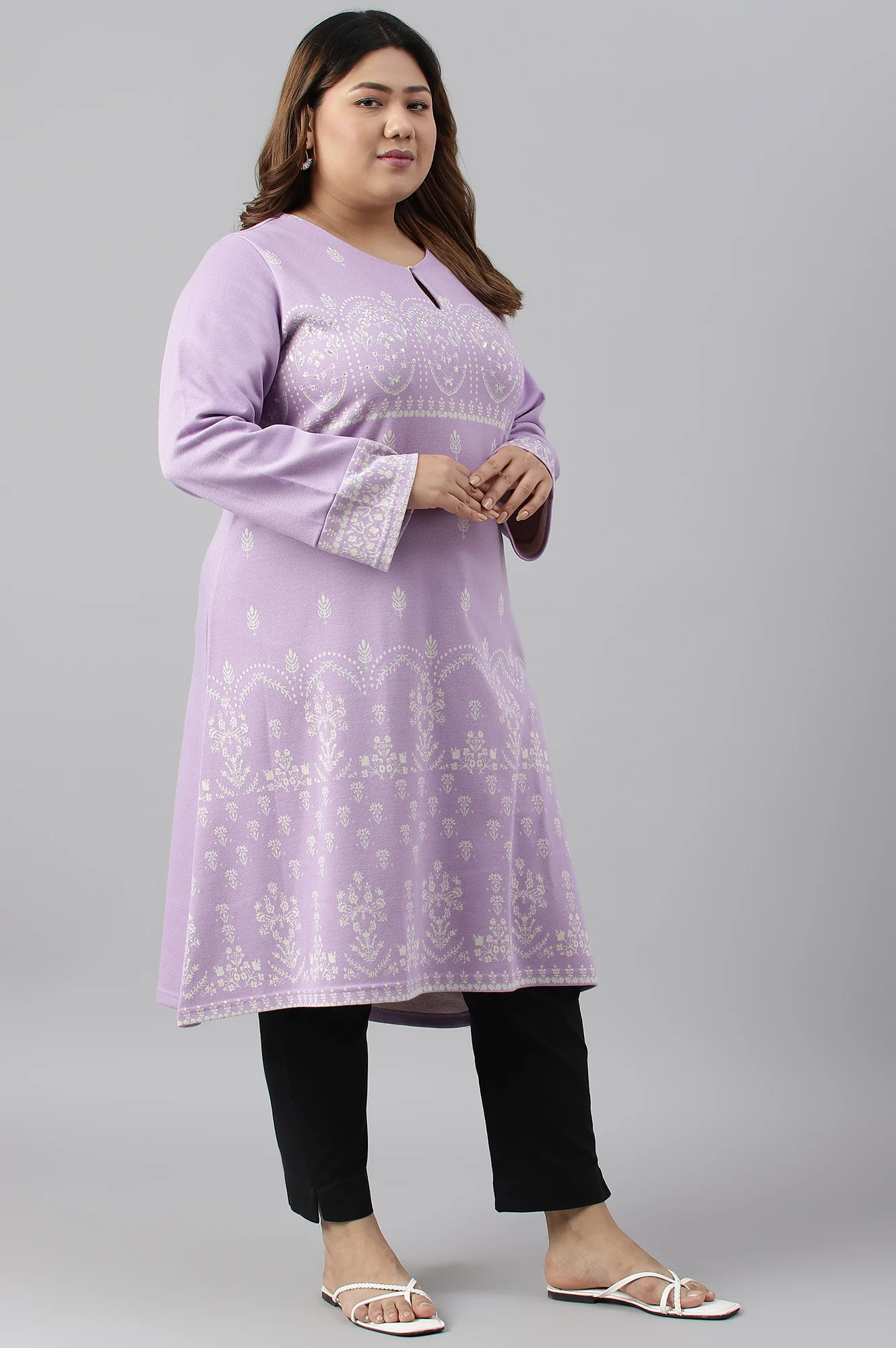 Light Purple Jacquard A-Line Plus Size Winter kurta - Image 3