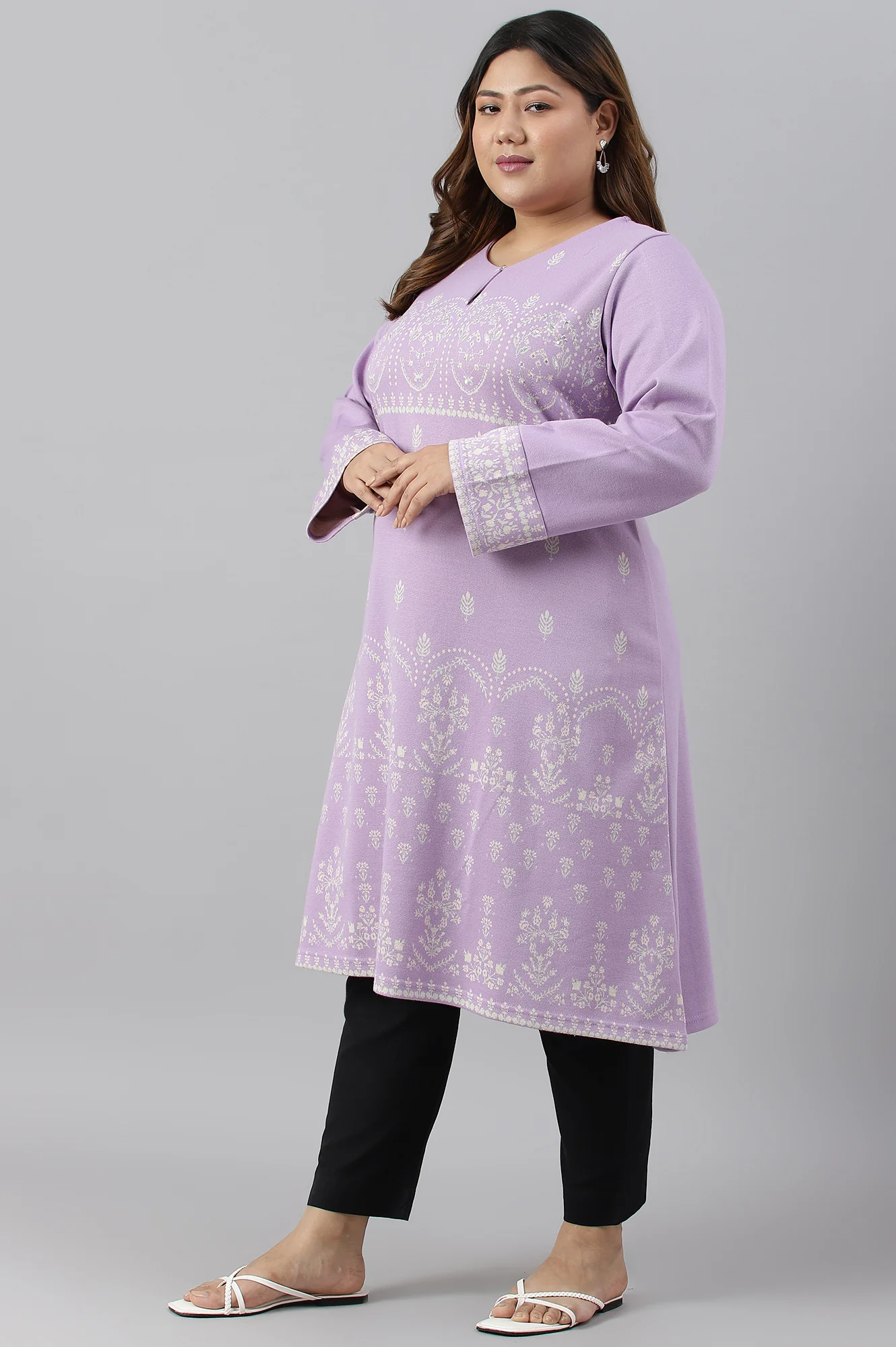 Light Purple Jacquard A-Line Plus Size Winter kurta - Image 4