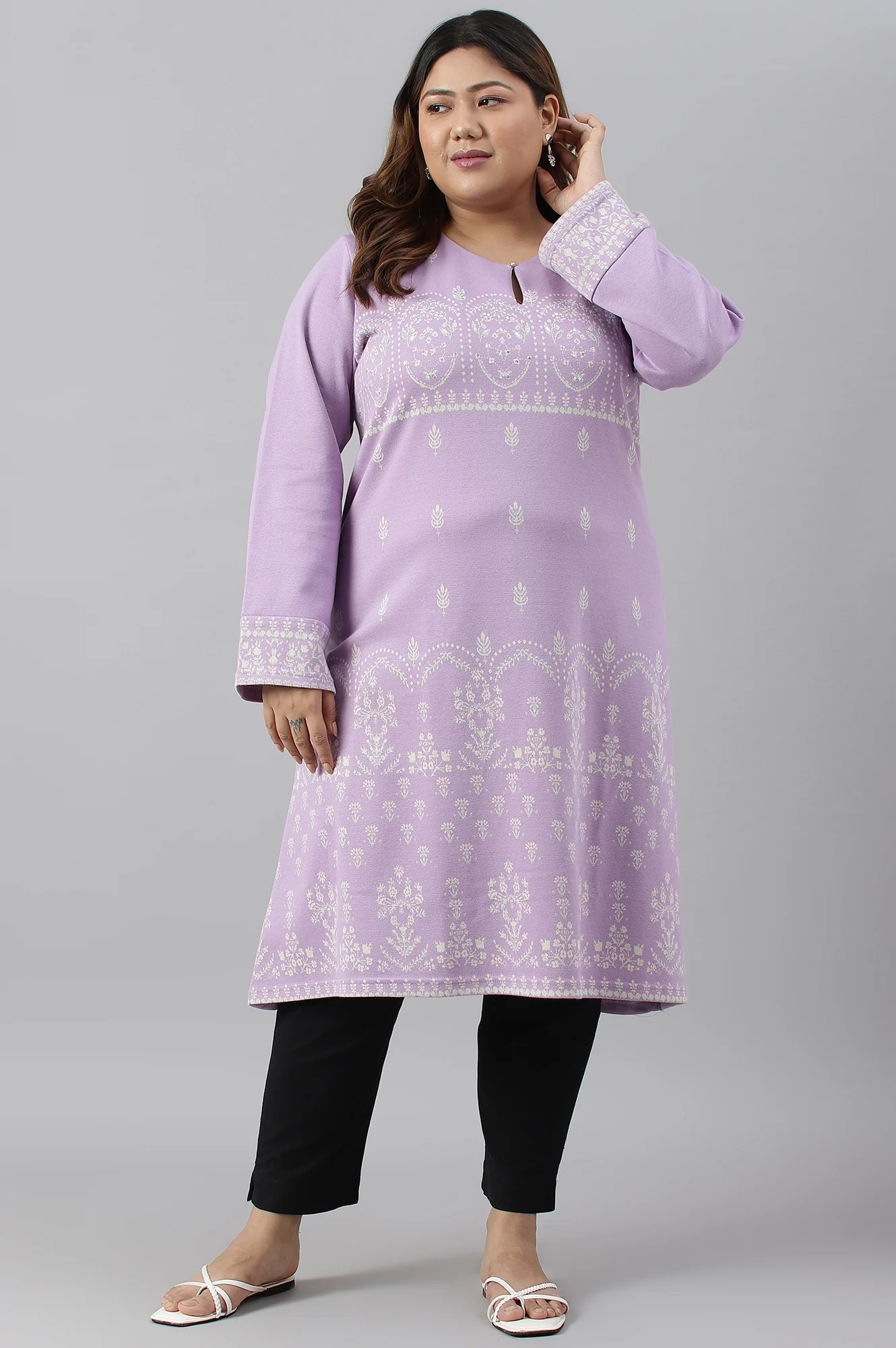 Light Purple Jacquard A-Line Plus Size Winter kurta - Image 7