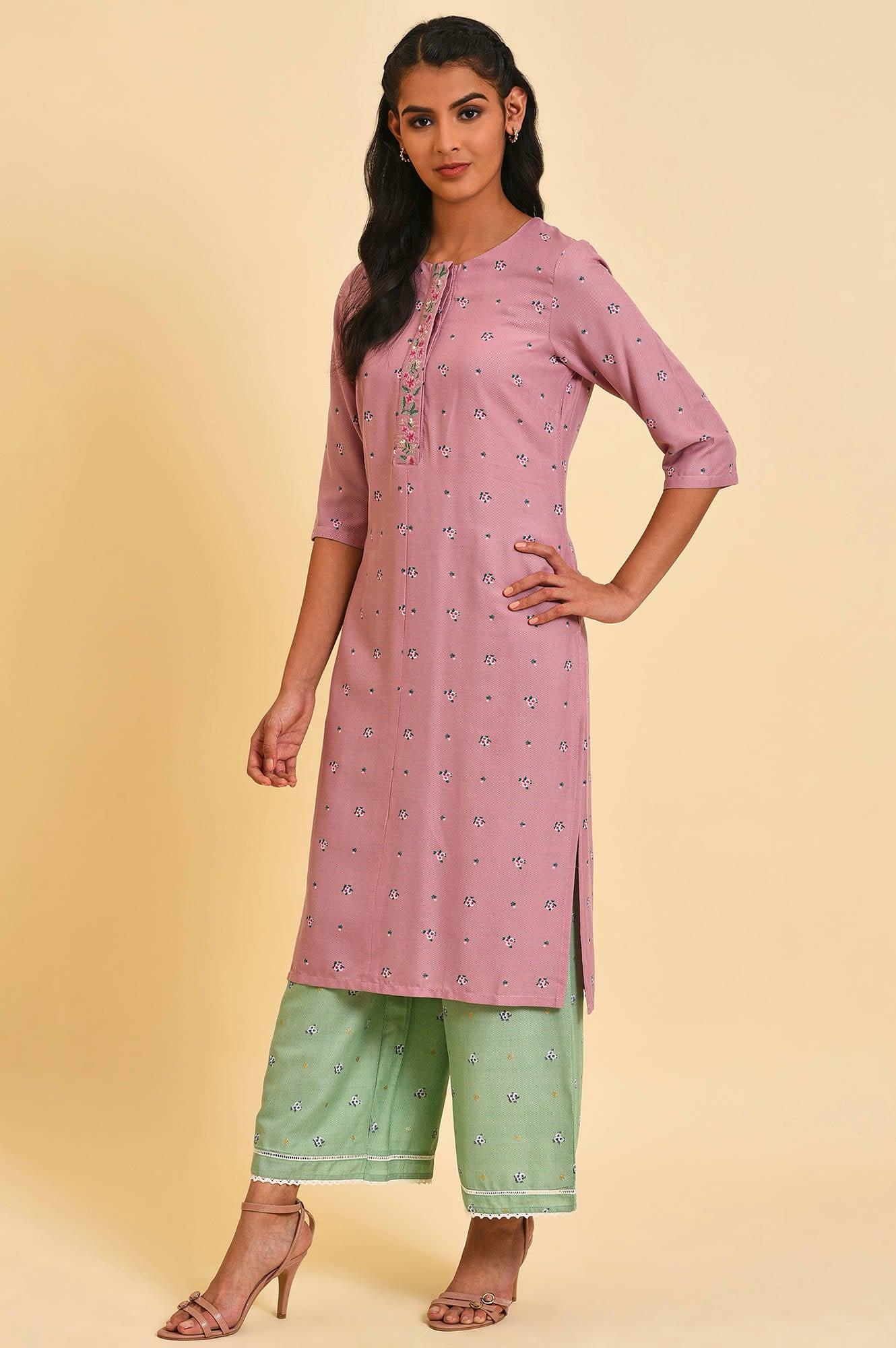 Light Purple Printed kurta With Embroidery - Image 3