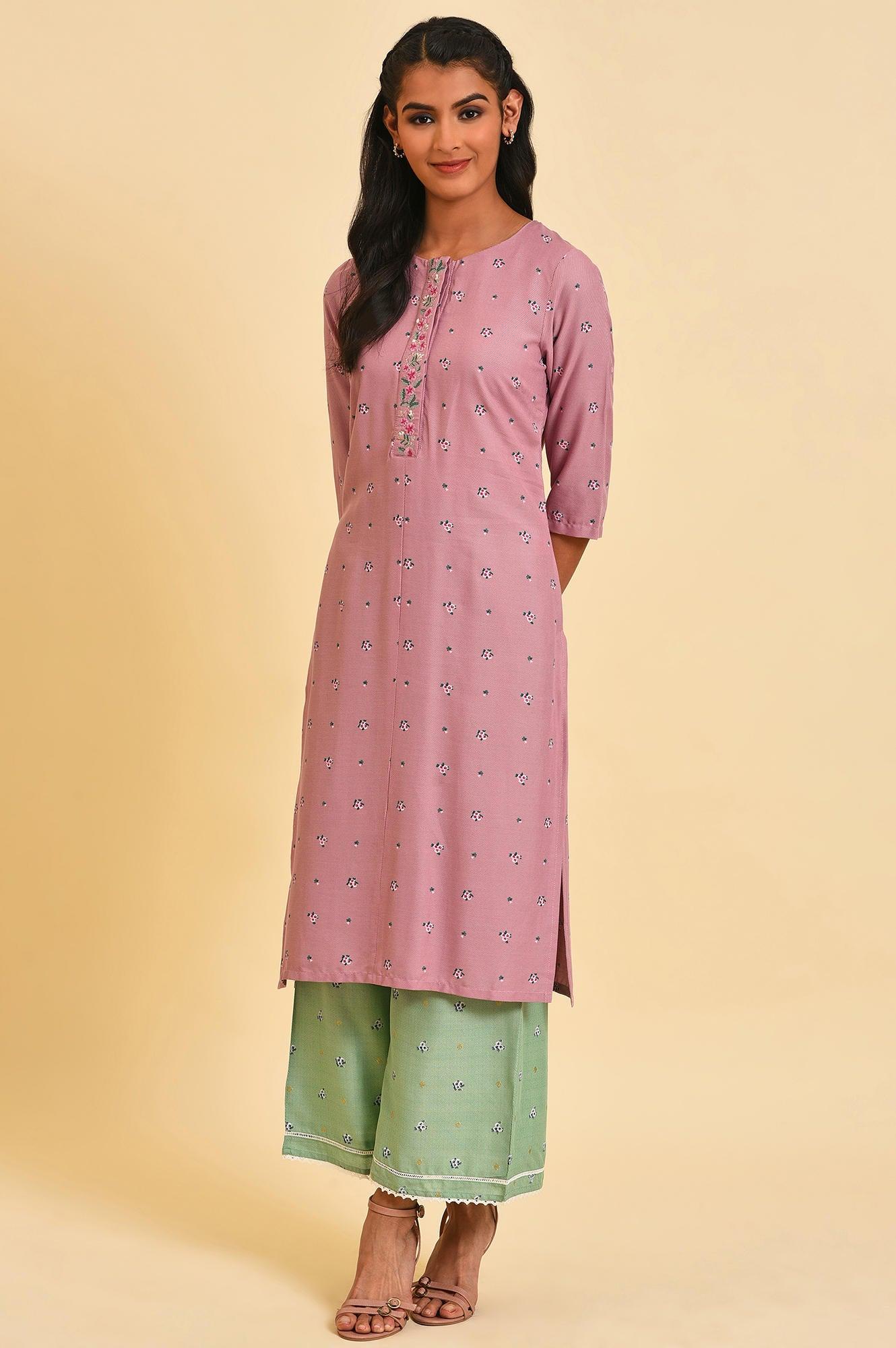 Light Purple Printed kurta With Embroidery - Image 6