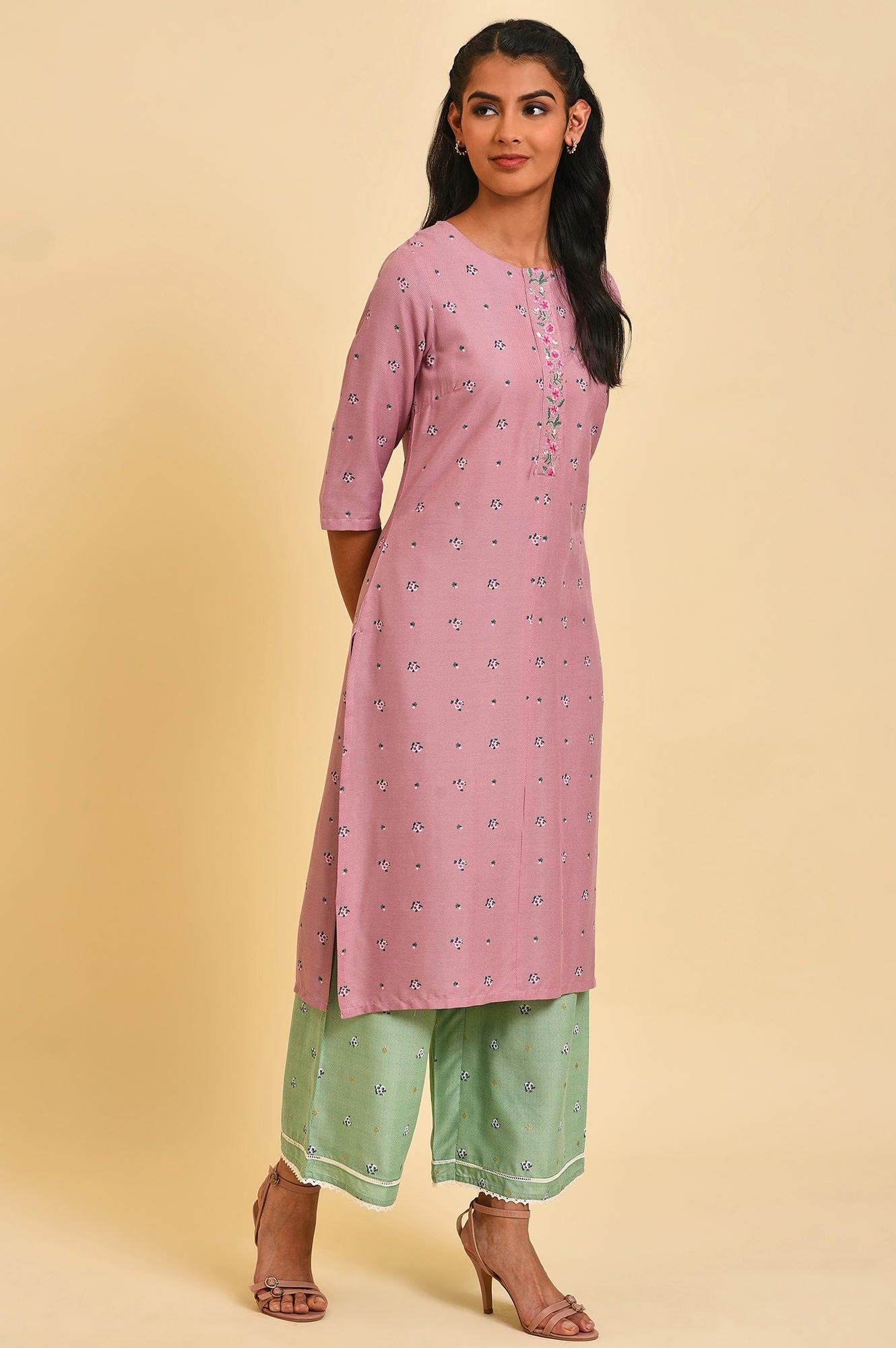 Light Purple Printed Plus Size kurta With Embroidery - Image 4