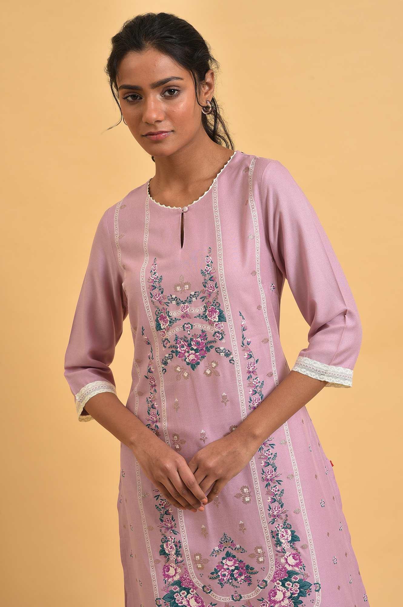 Light Purple Printed Plus Size Straight kurta - Image 5
