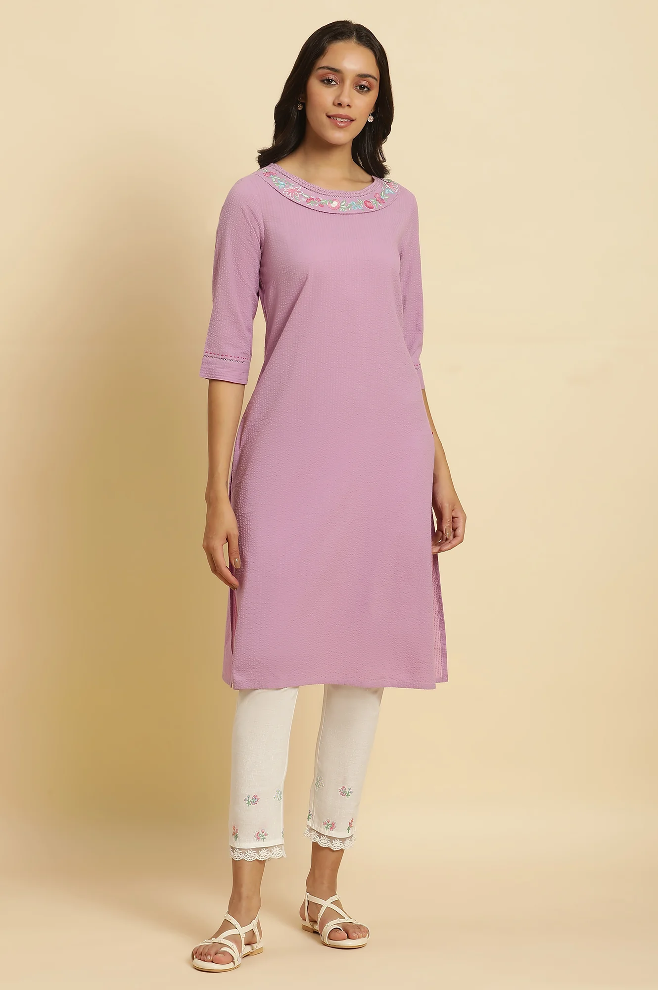 Light Purple Textured Cotton Embroidered Straight Kurta and Pants Set - Image 2