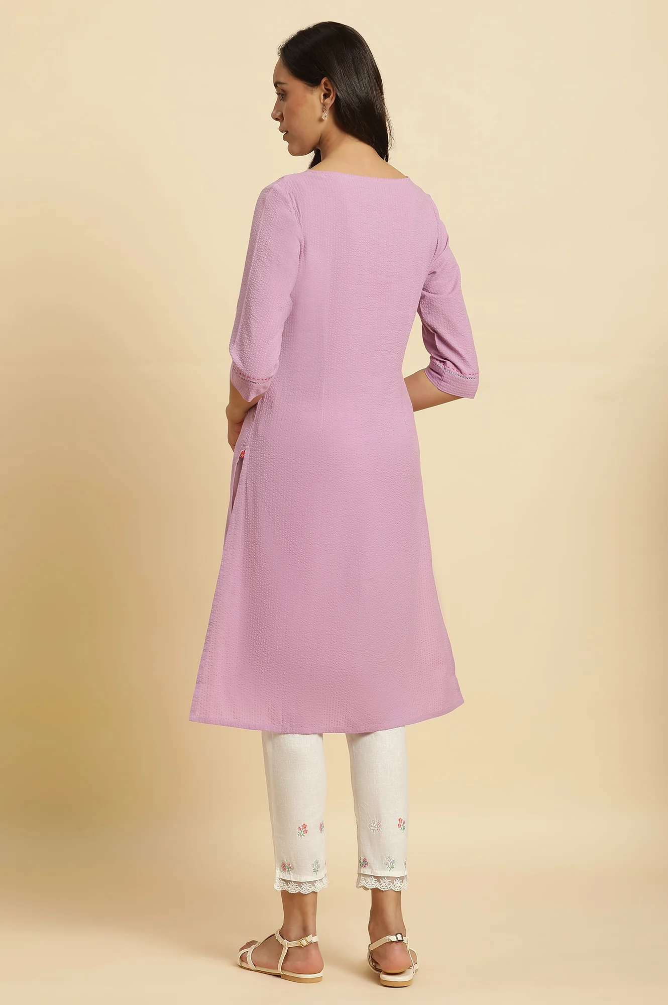 Light Purple Textured Cotton Embroidered Straight Kurta and Pants Set - Image 4