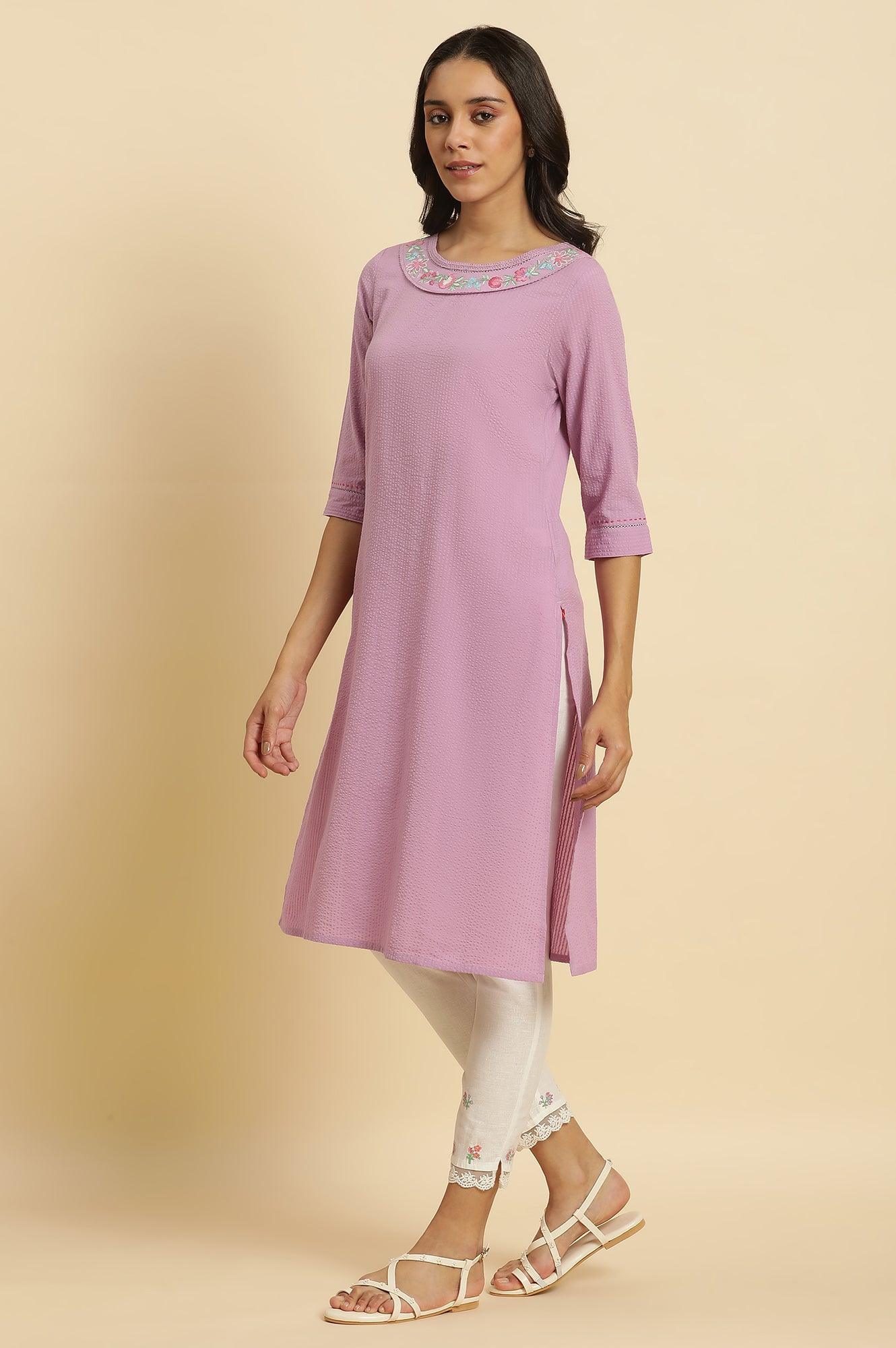 Light Purple Textured Cotton Embroidered Kurta - Image 3
