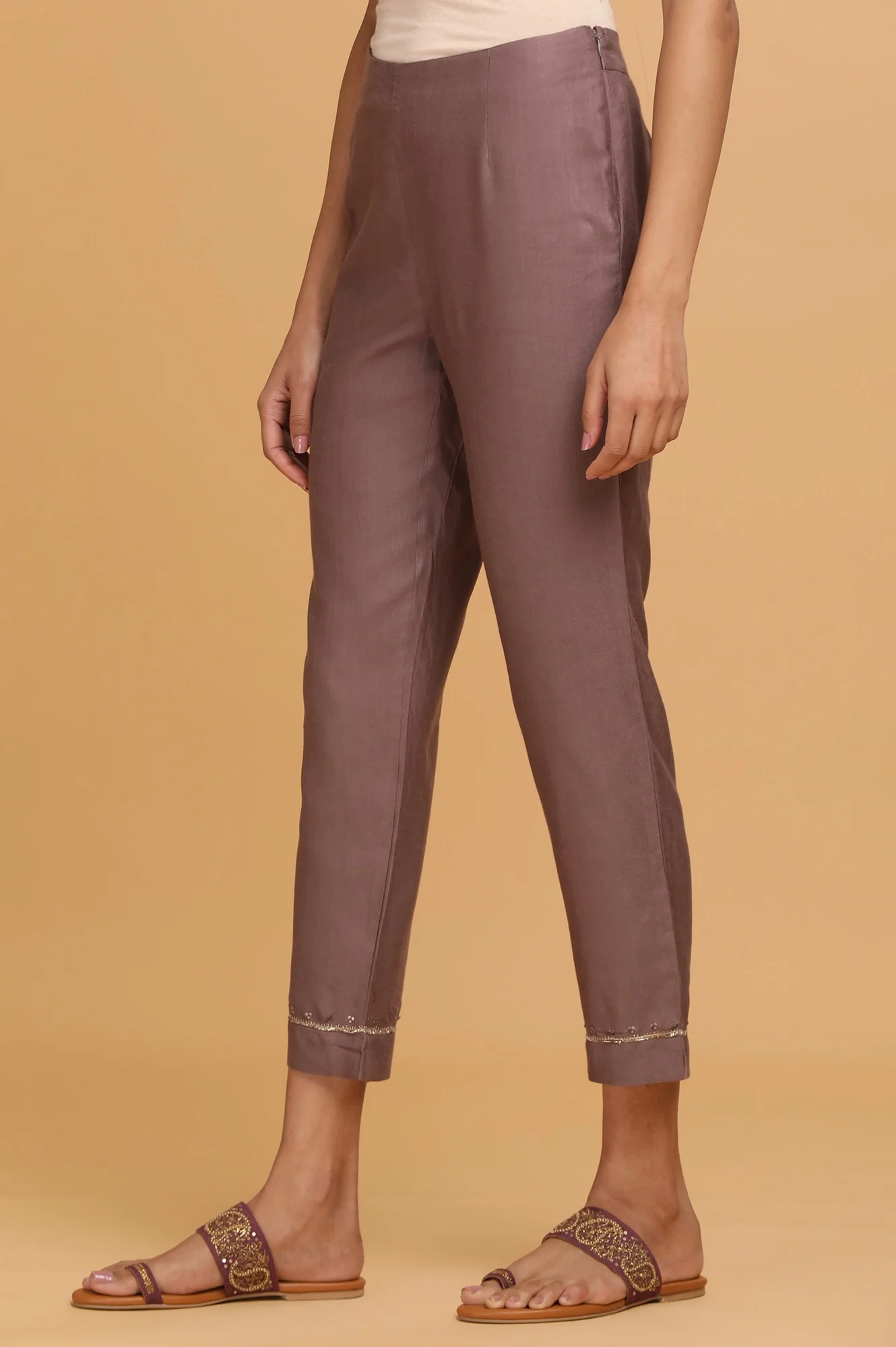 Light Purple Solid Slim Pants - Image 3