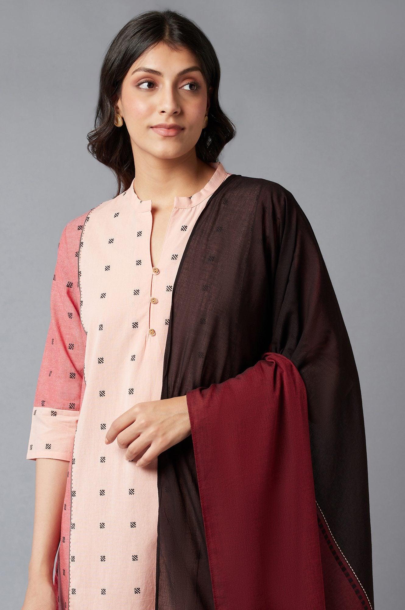 Light Red Dobby Collared-V kurta With Black Slim Pants And Dupatta - Image 5