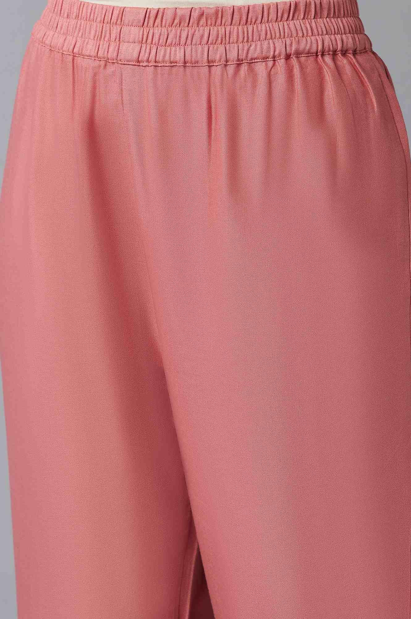 Light Red Dobby Collared-V kurta With Black Slim Pants And Dupatta - Image 6
