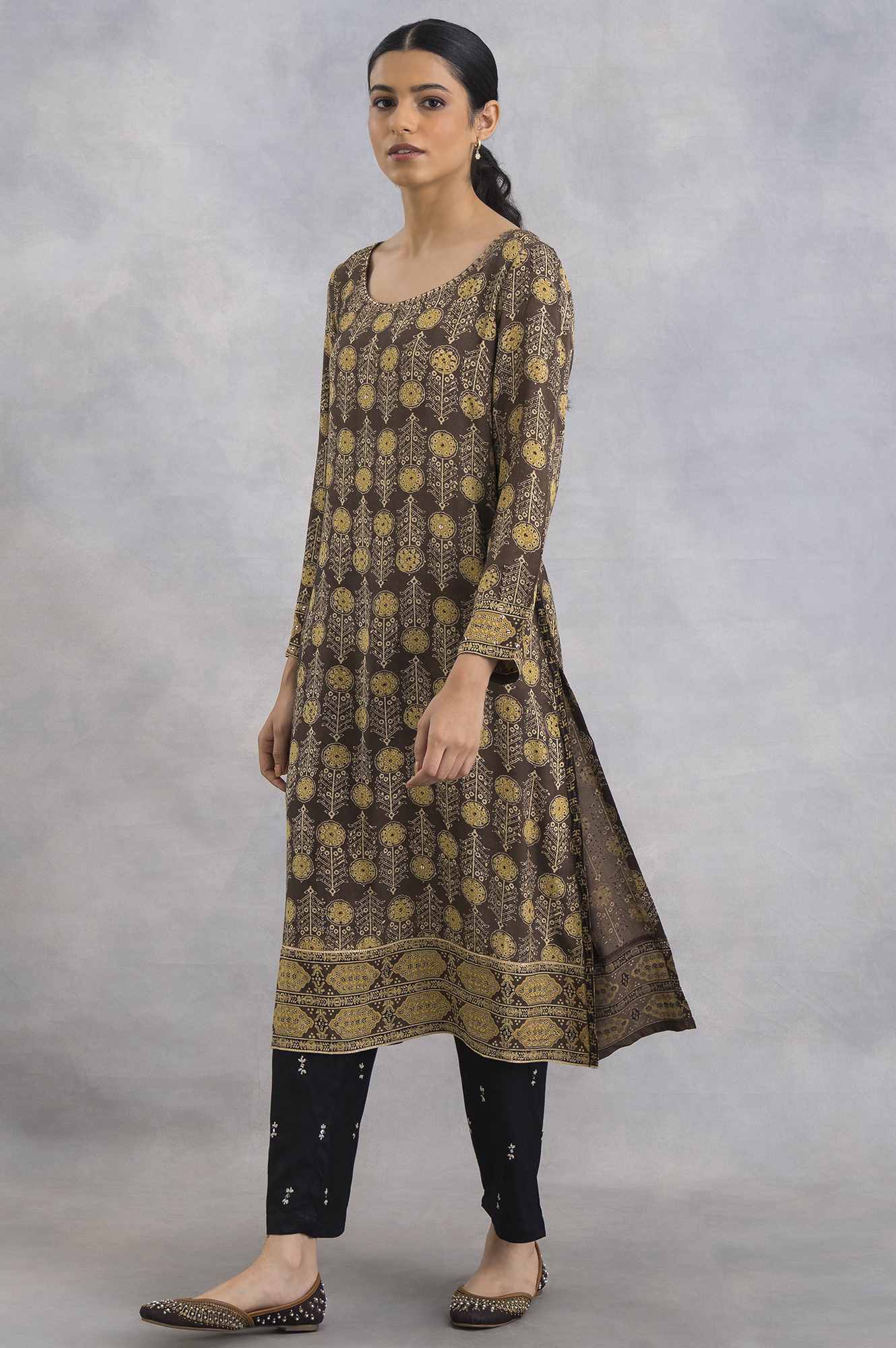 Light Taupe Ajrakh Print Satin kurta - Image 3