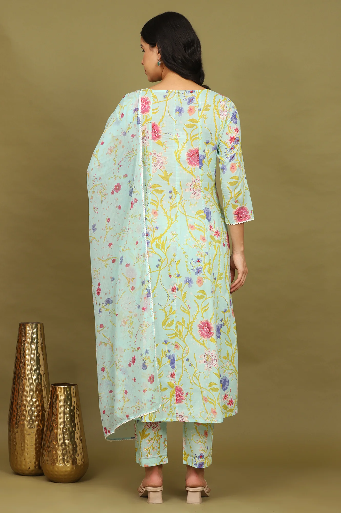 Light Turqoise Blue Floral Printed Pure Cotton Flared Kurta, Pants and Dupatta Set - Image 6
