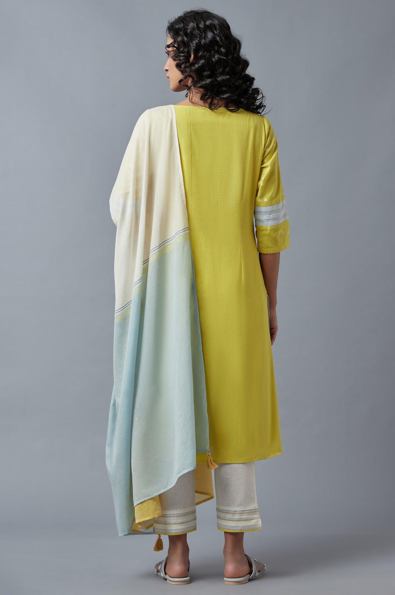 Light Yellow Cotton Dobby kurta, Slim Pants And Dupatta Set - Image 2