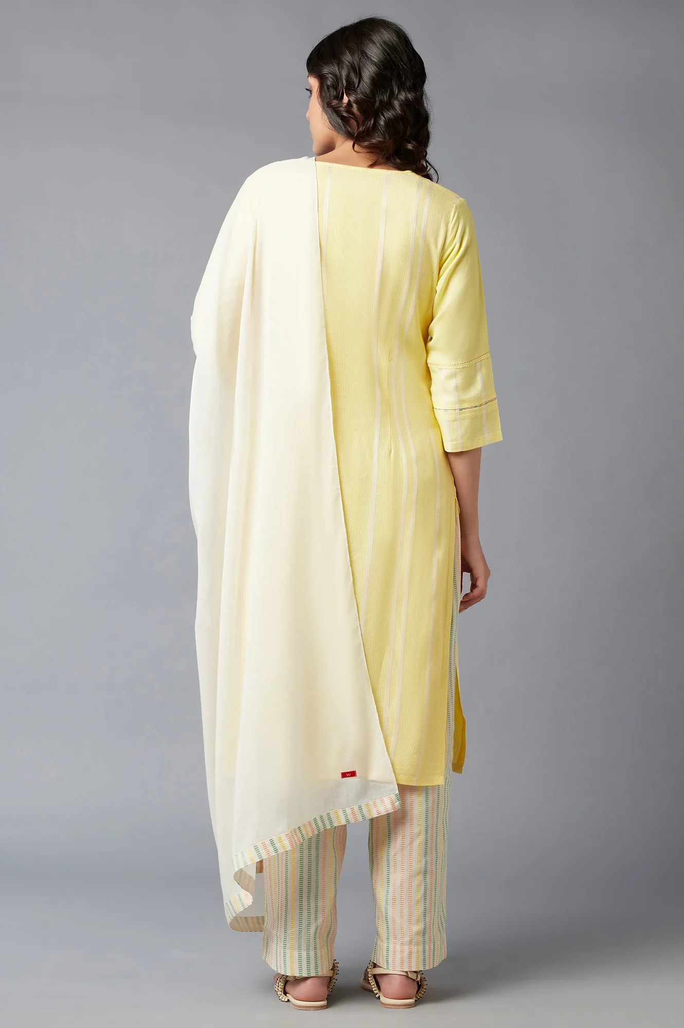Light Yellow Dobby Straight kurta With Parallel Pants And Ecru Dupatta - Image 2