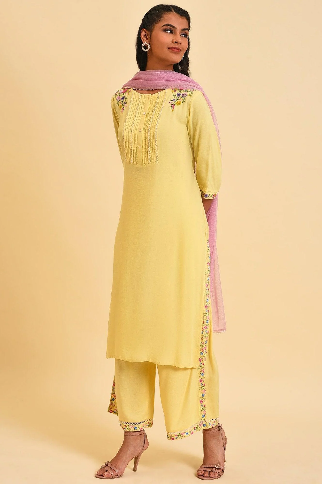 Light Yellow Embroidered Plus Size kurta Set - Image 3
