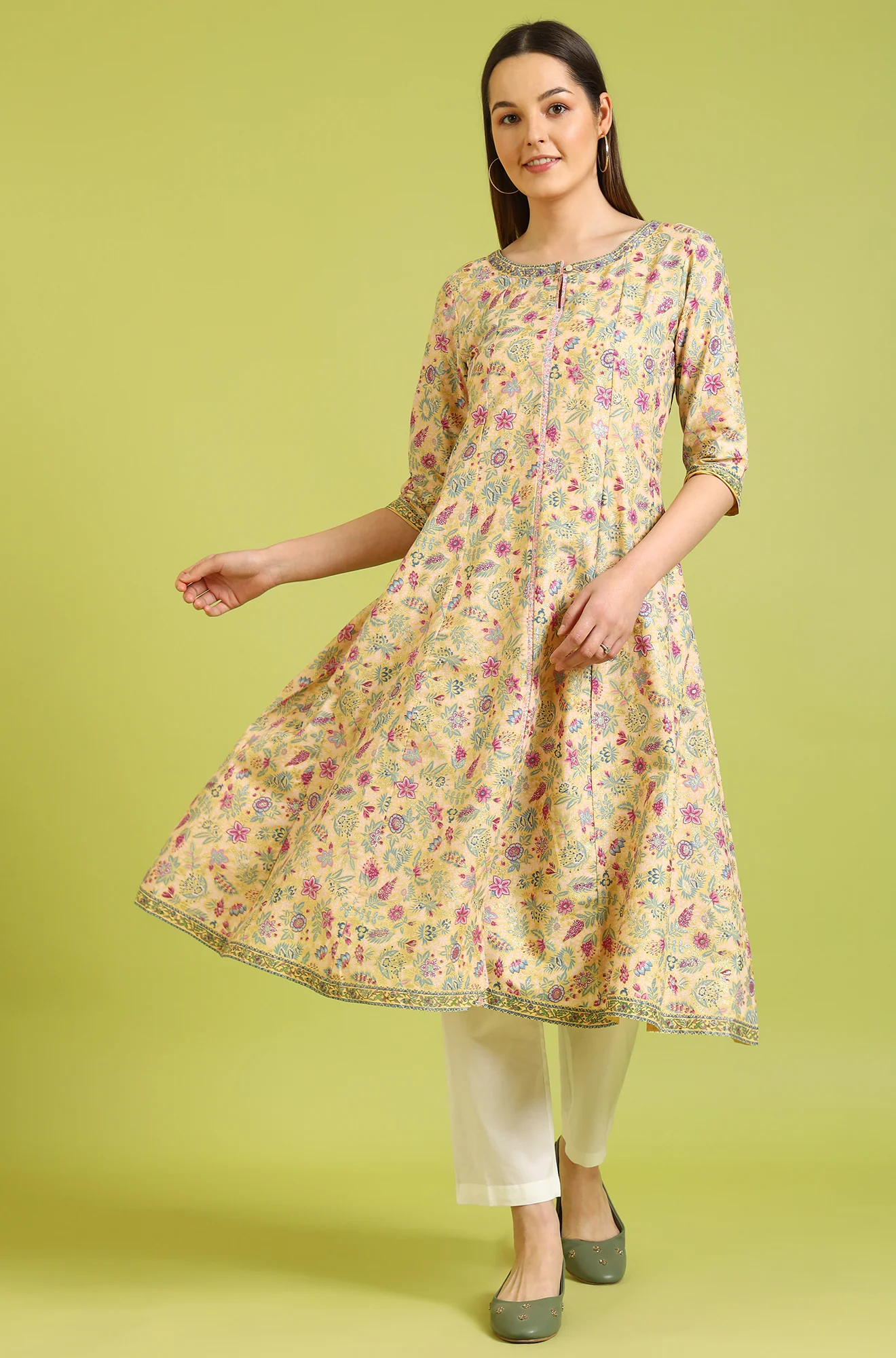 Light Yellow Floral Glitter Printed Pure Cotton Anarkali Kurta and Pants Set - Image 2