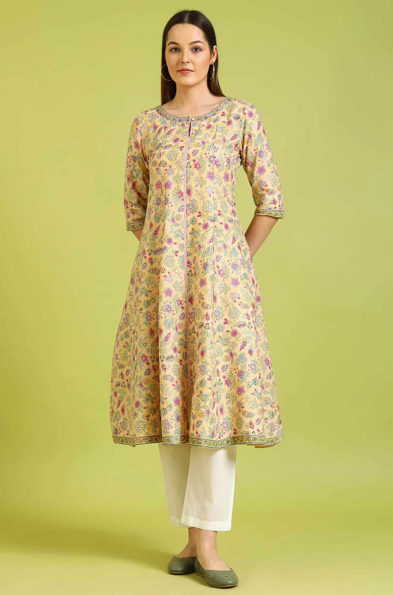 Light Yellow Floral Glitter Printed Pure Cotton Anarkali Kurta and Pants Set - Image 3