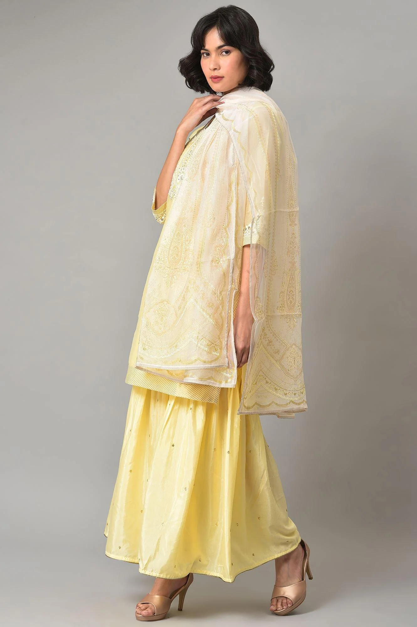 Light Yellow Short kurta With Sharara And Dupatta - Image 3