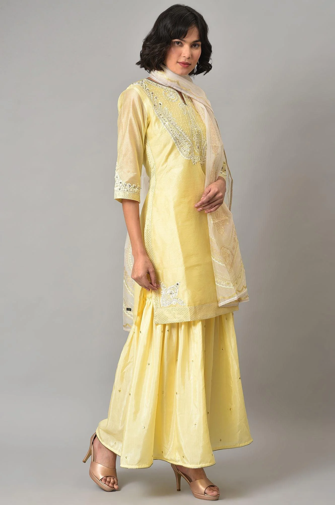 Light Yellow Short kurta With Sharara And Dupatta - Image 4