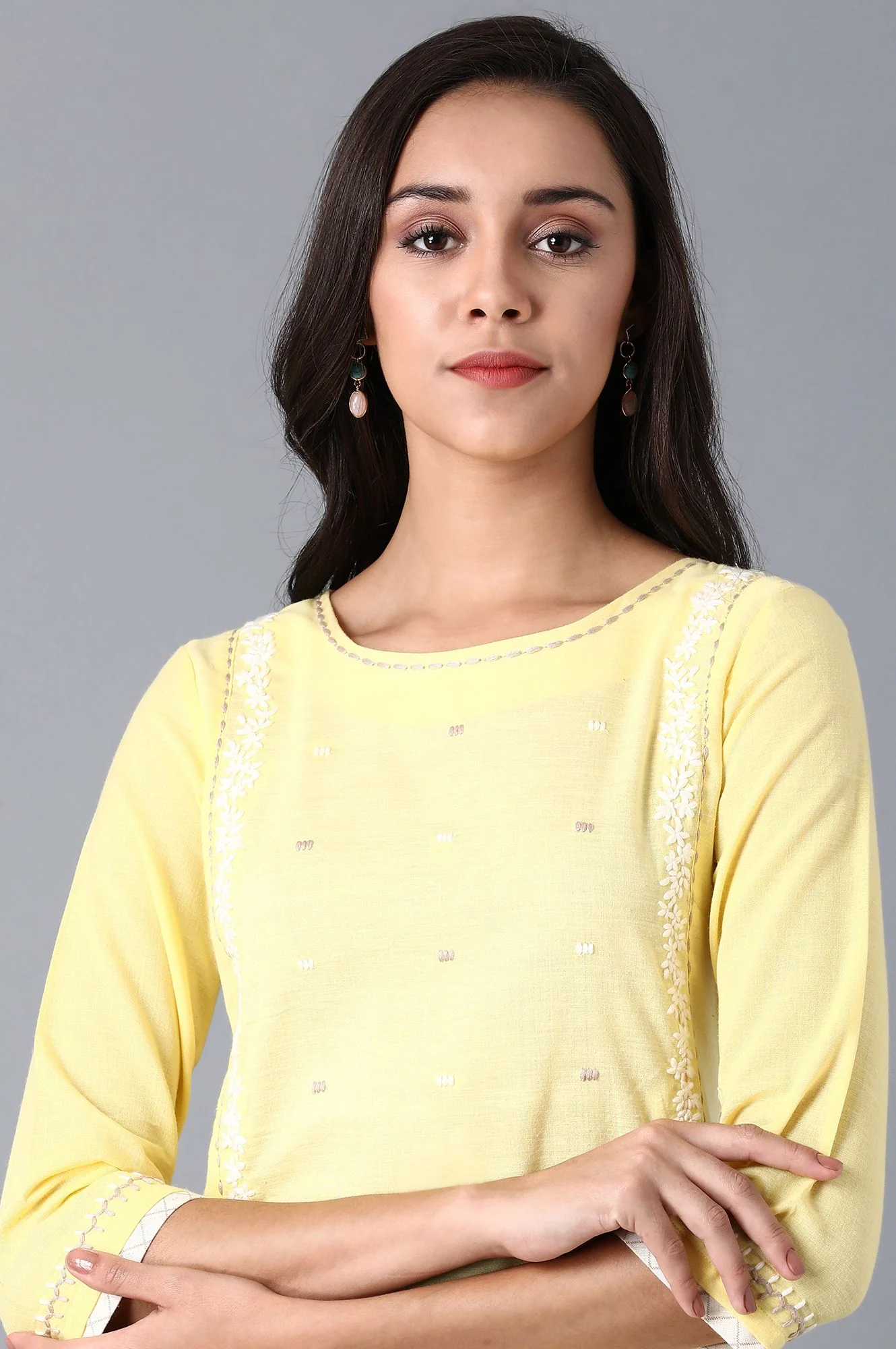Light Yellow Solid Thread Embroidered Pure Cotton A-Line Kurta and Straight Pant Set - Image 2