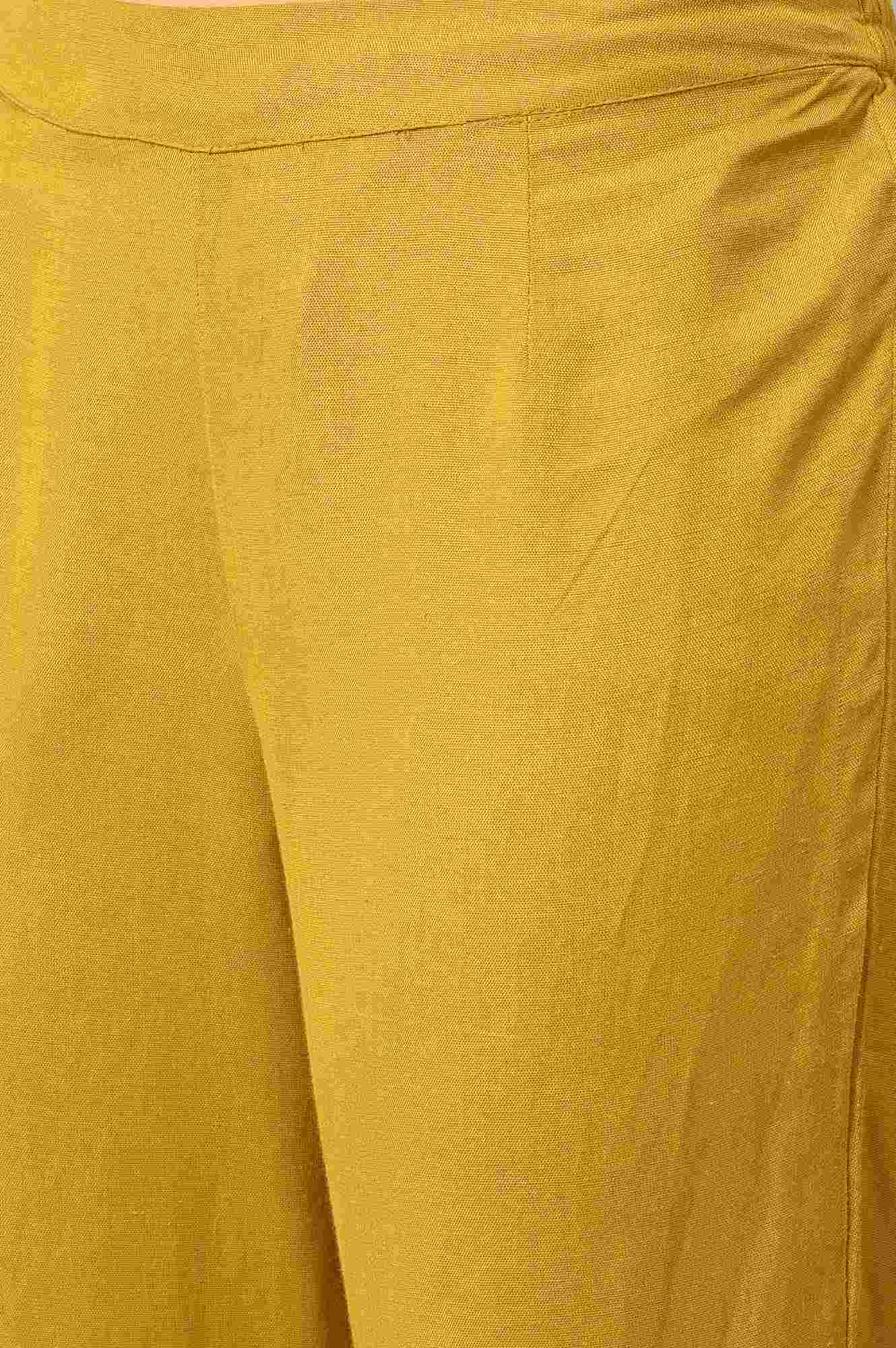 Light Yellow Solid Thread Embroidered Pure Cotton A-Line Kurta and Straight Pant Set - Image 5