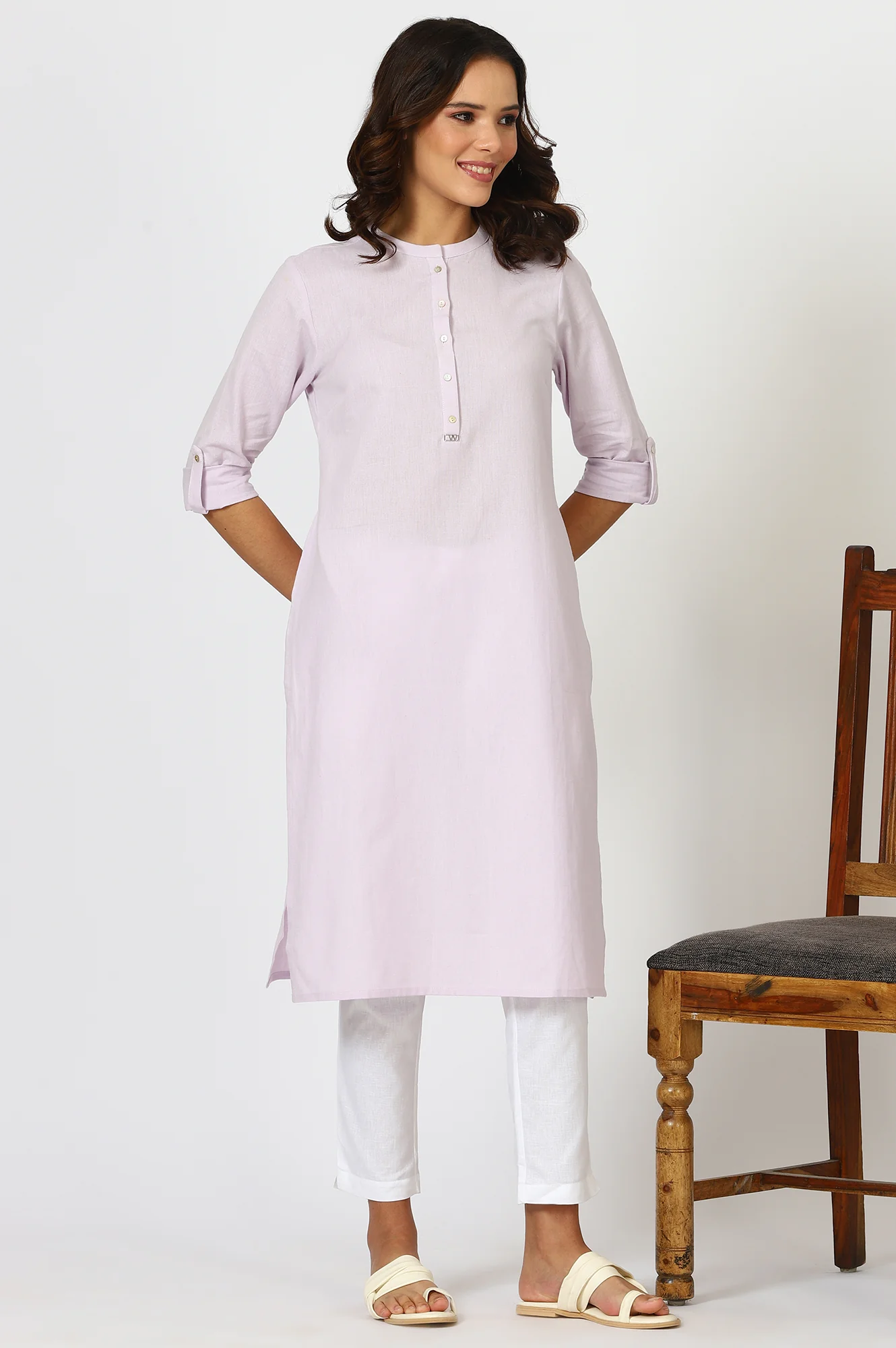 Lilac Mandarin Collar Cotton Blend Straight Kurta With W Branding - Image 6