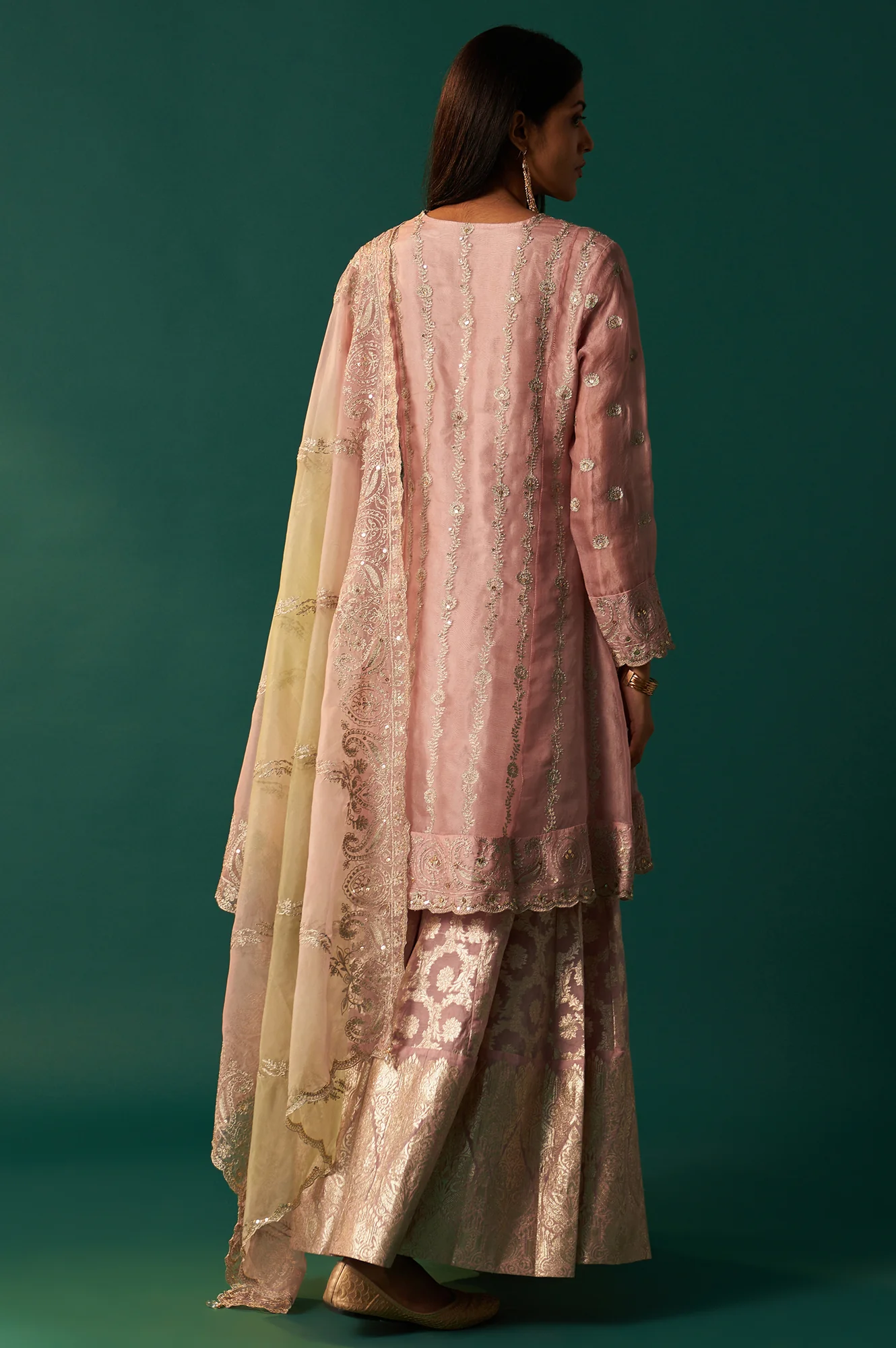 Lilac Embroidered Panelled Silk Organza Short Kurta with Culotte and Dupatta Set - Image 6