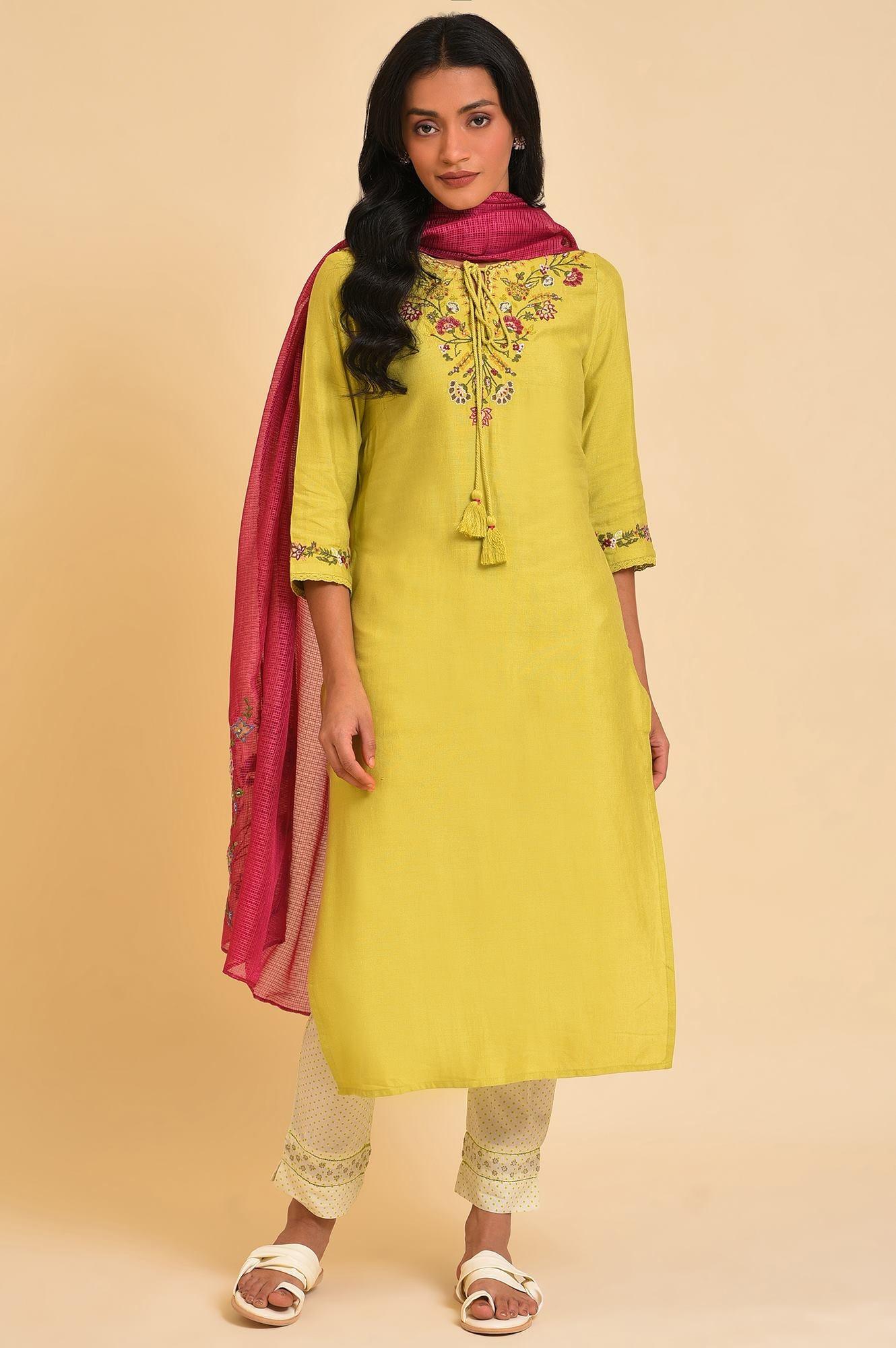 Lime Green Embroidered kurta, Pants And Dupatta Set - Image 10