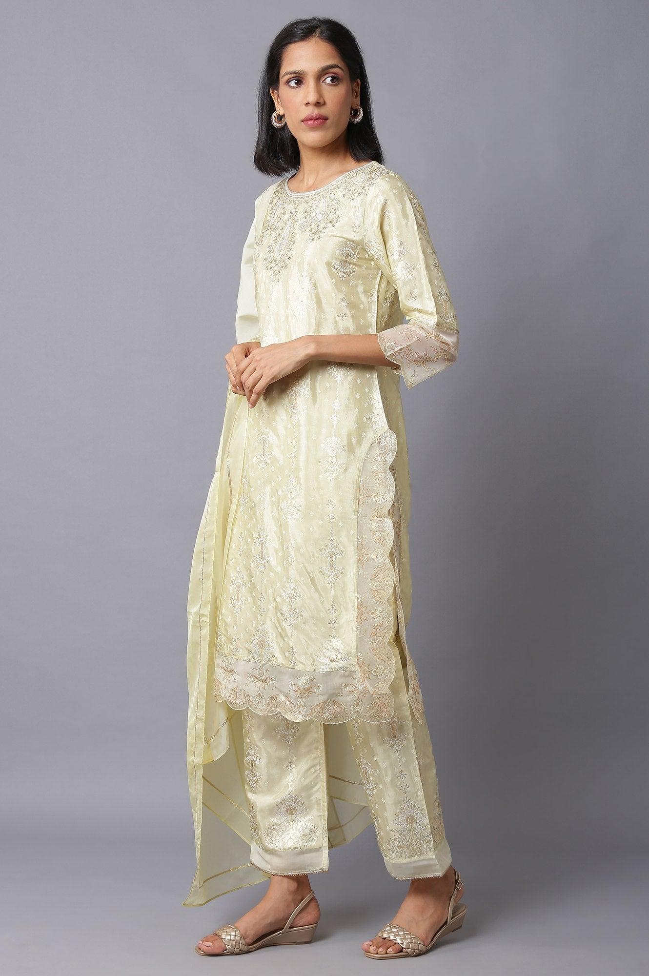Lime Green Embroidered kurta With Parallel Pants And Dupatta - Image 3