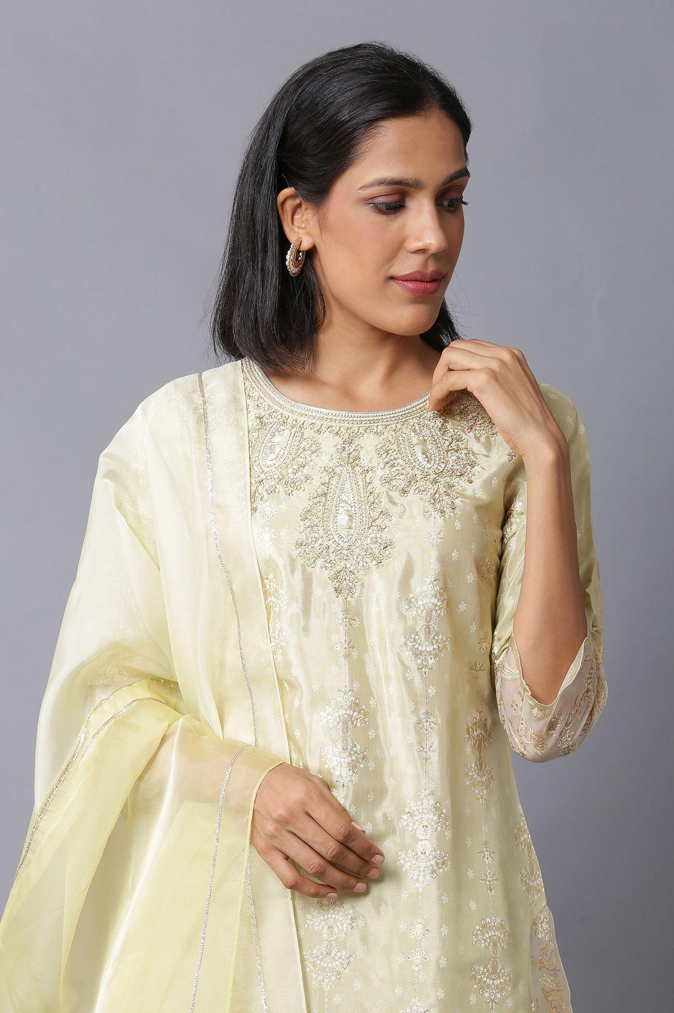 Lime Green Embroidered kurta With Parallel Pants And Dupatta - Image 5
