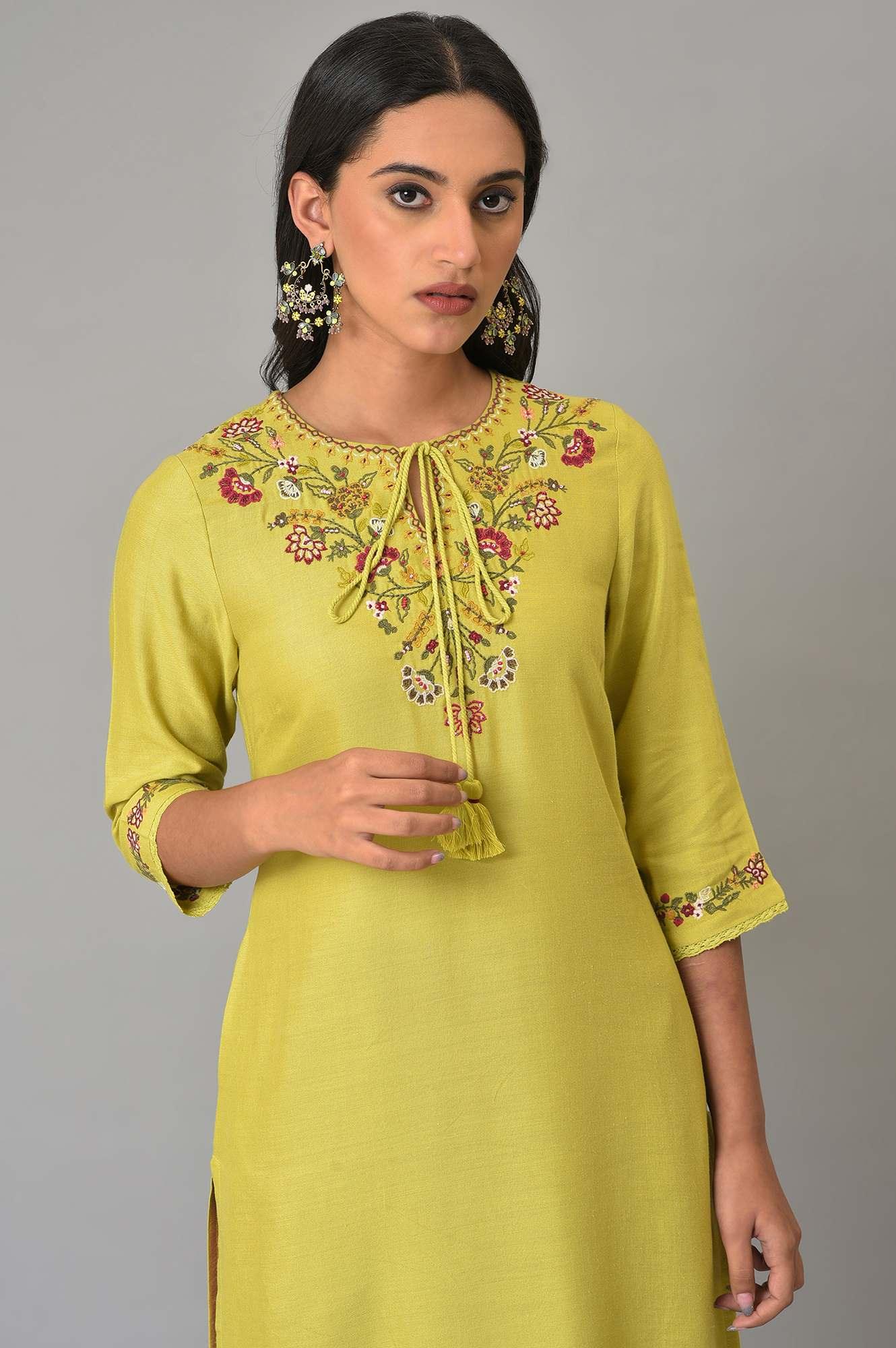 Lime Green Embroidered Summer kurta - Image 5