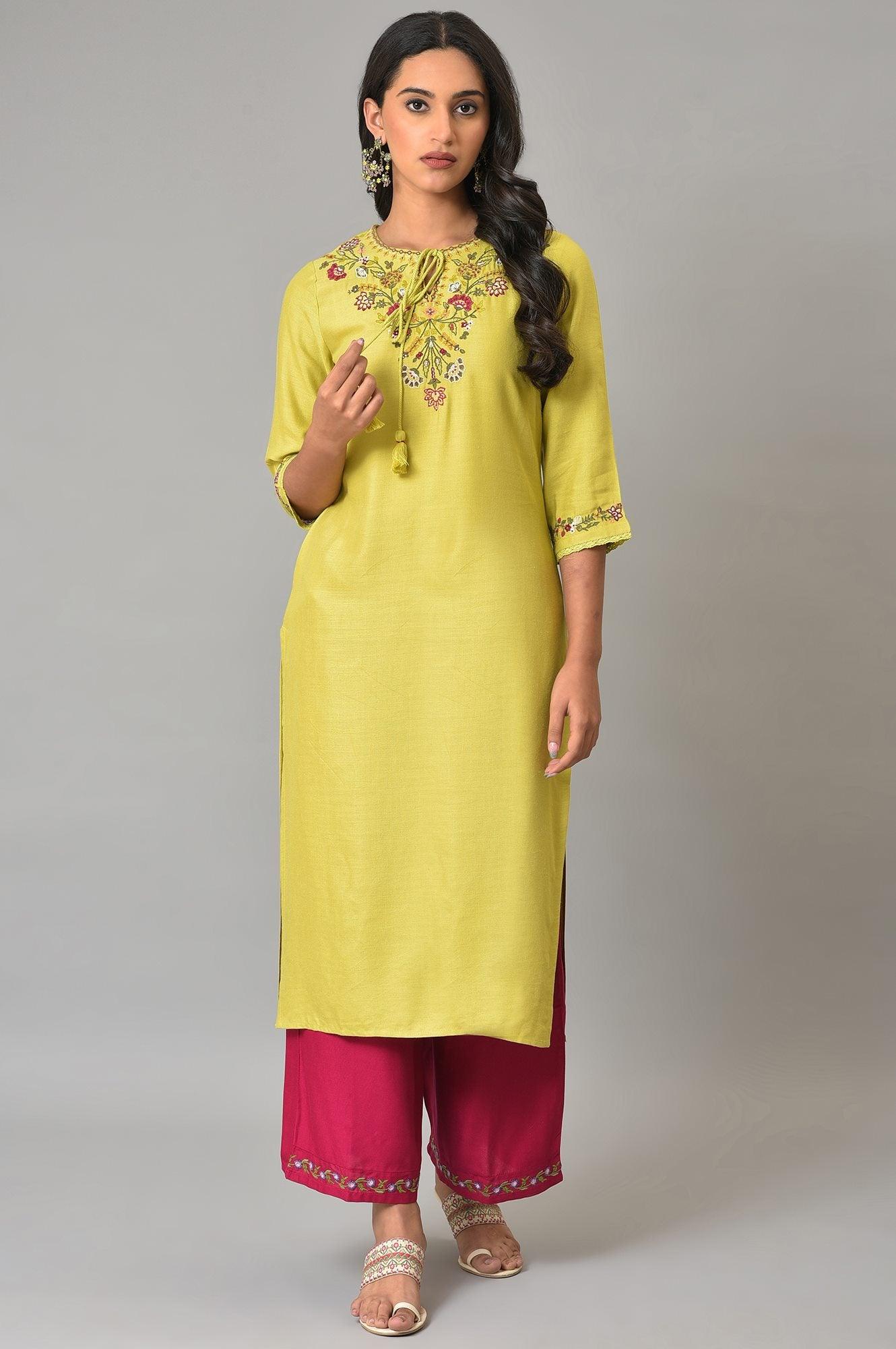 Lime Green Embroidered Summer kurta - Image 6