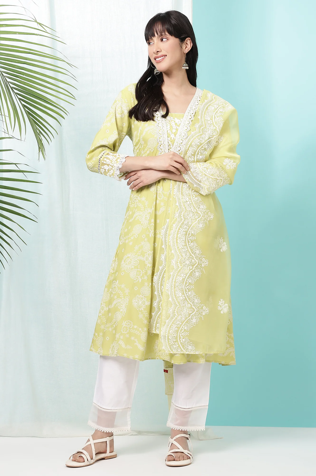 Lime Green Floral Printed Shantung Flared Kurta, Straight Pants and Dupatta Set - Image 2