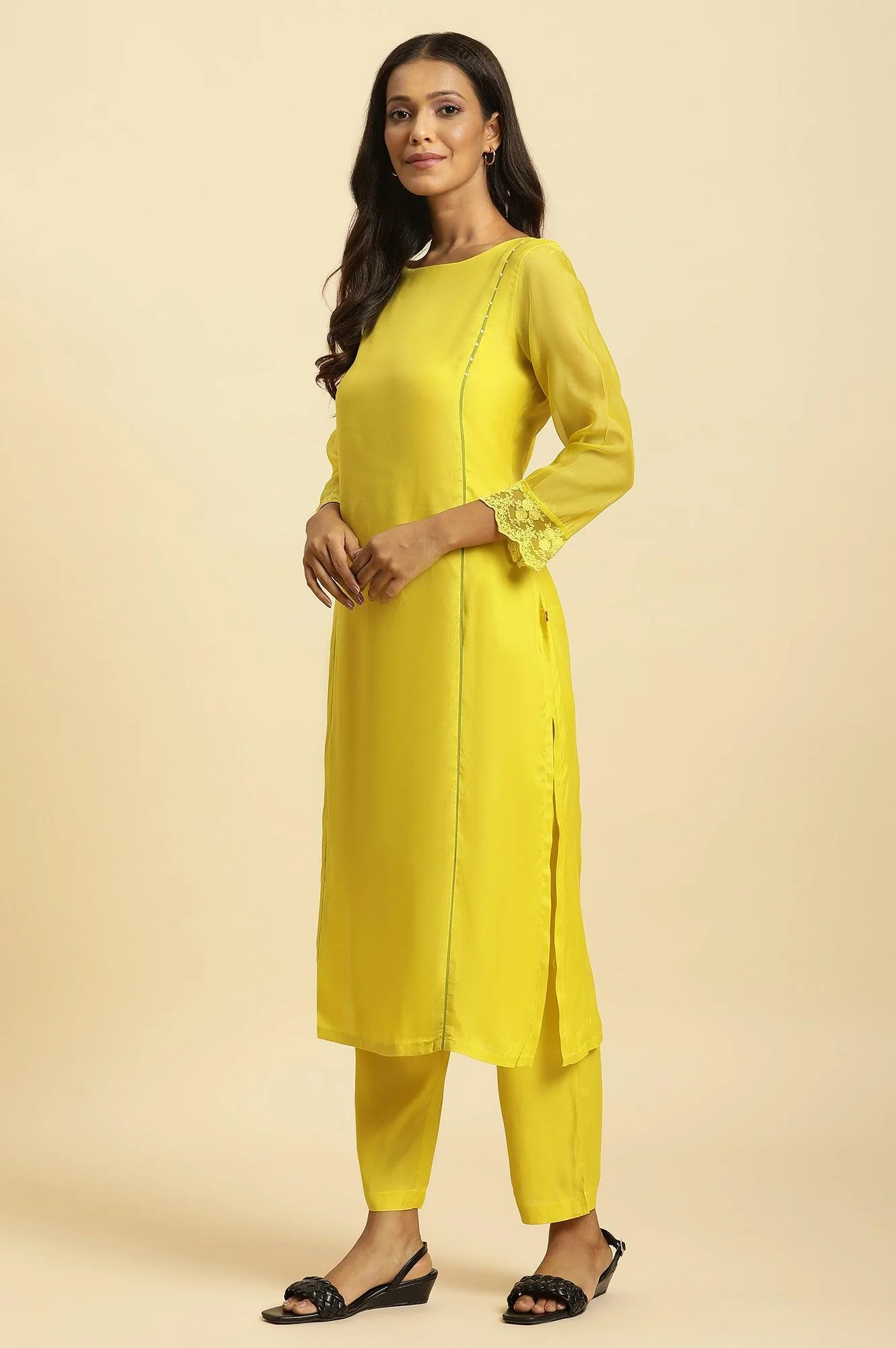 Lime Green Lace Kurta Pants and Dupatta Set - Image 3