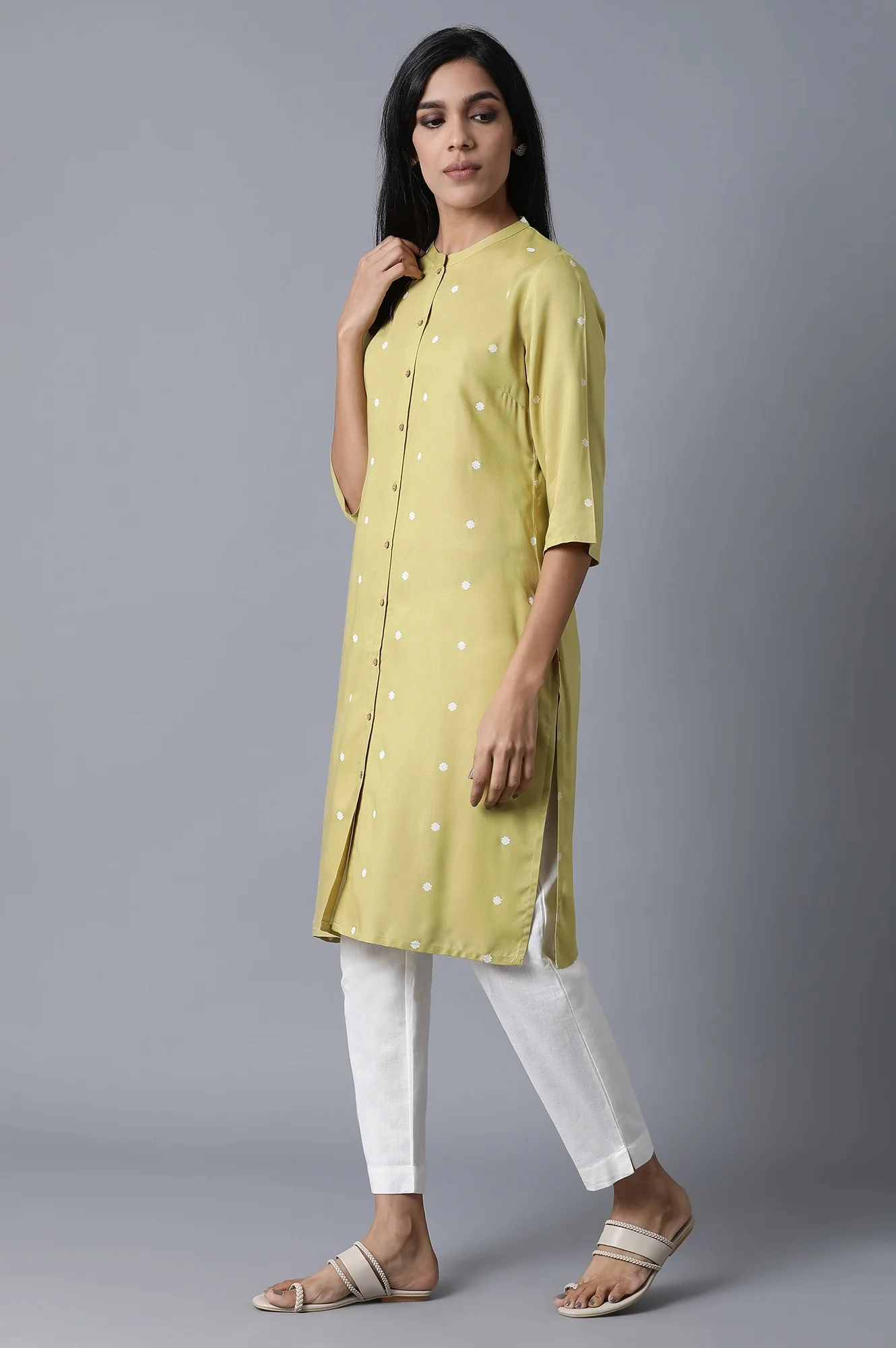 Lime Green Polka Print Kurta - Image 3
