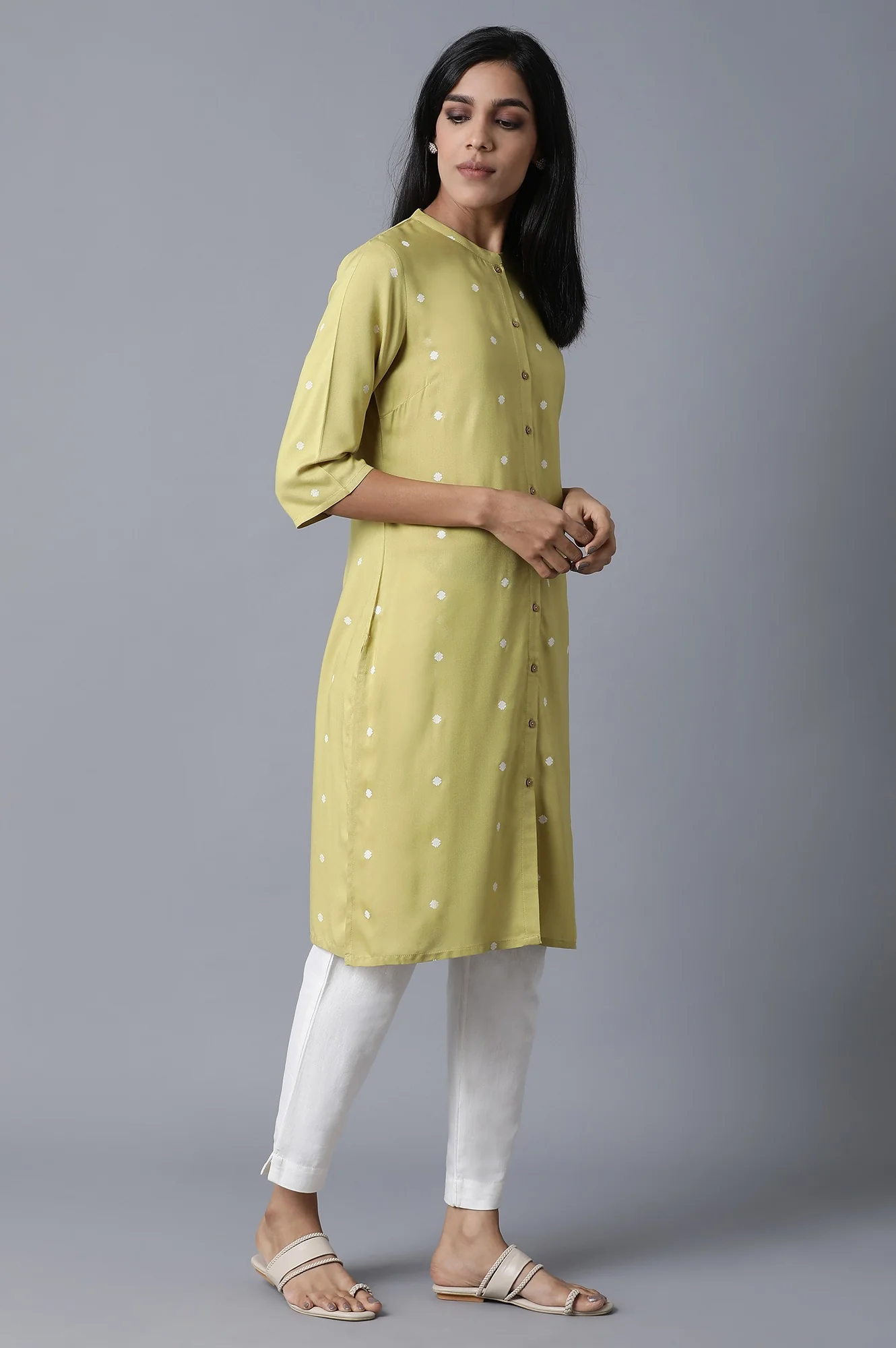 Lime Green Polka Print Kurta - Image 4