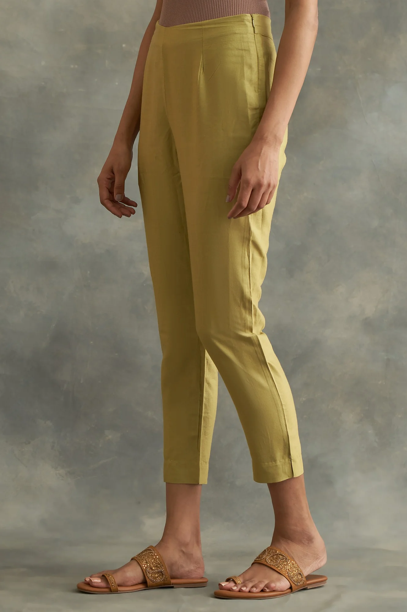 Lime Green Solid Slim Pants - Image 3