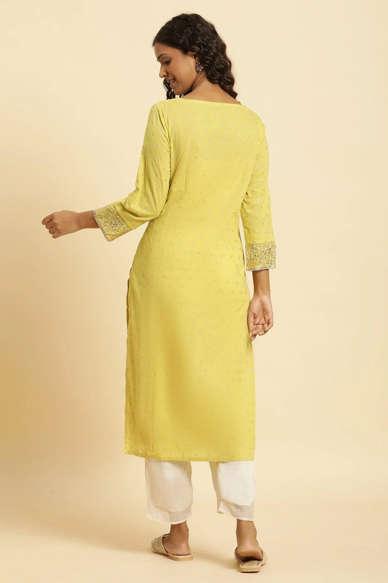 Lime Yellow Embroidered Festive Kurta - Image 3
