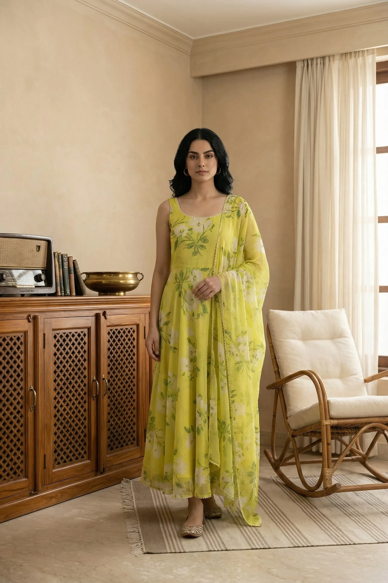 Lime Yellow Floral Printed Organza Flared Dress with Dupatta Set - Image 2