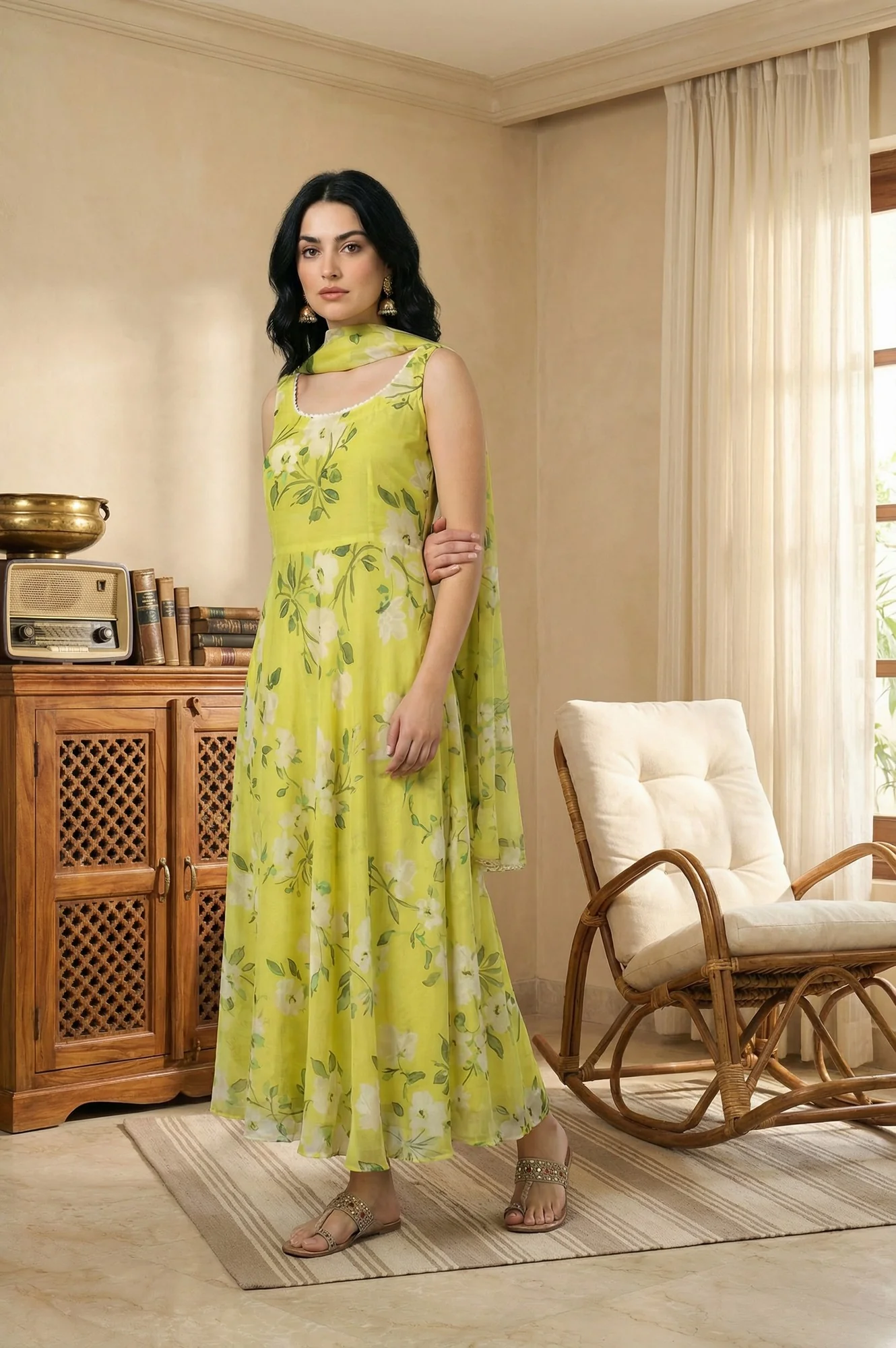 Lime Yellow Floral Printed Organza Flared Dress with Dupatta Set - Image 4