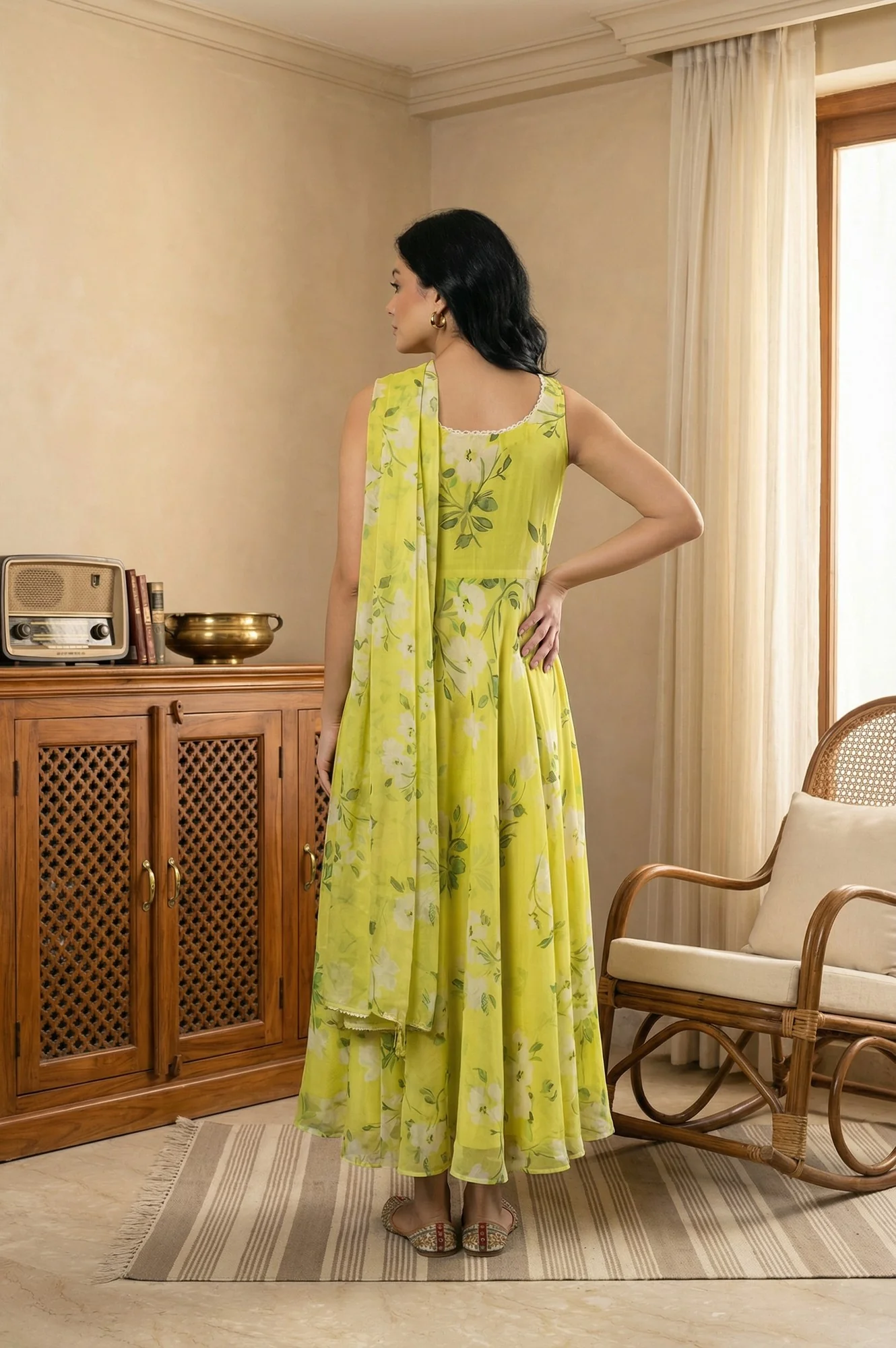 Lime Yellow Floral Printed Organza Flared Dress with Dupatta Set - Image 5