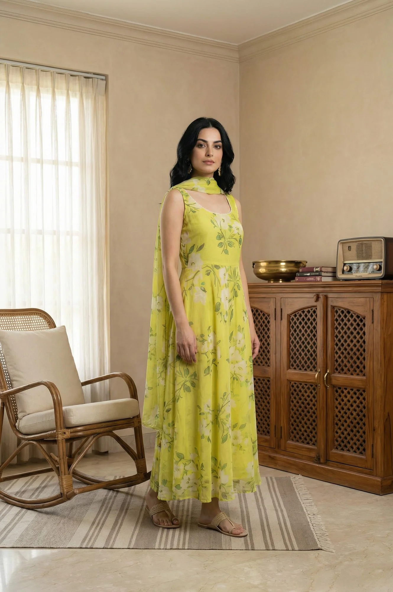 Lime Yellow Floral Printed Organza Flared Dress with Dupatta Set - Image 6
