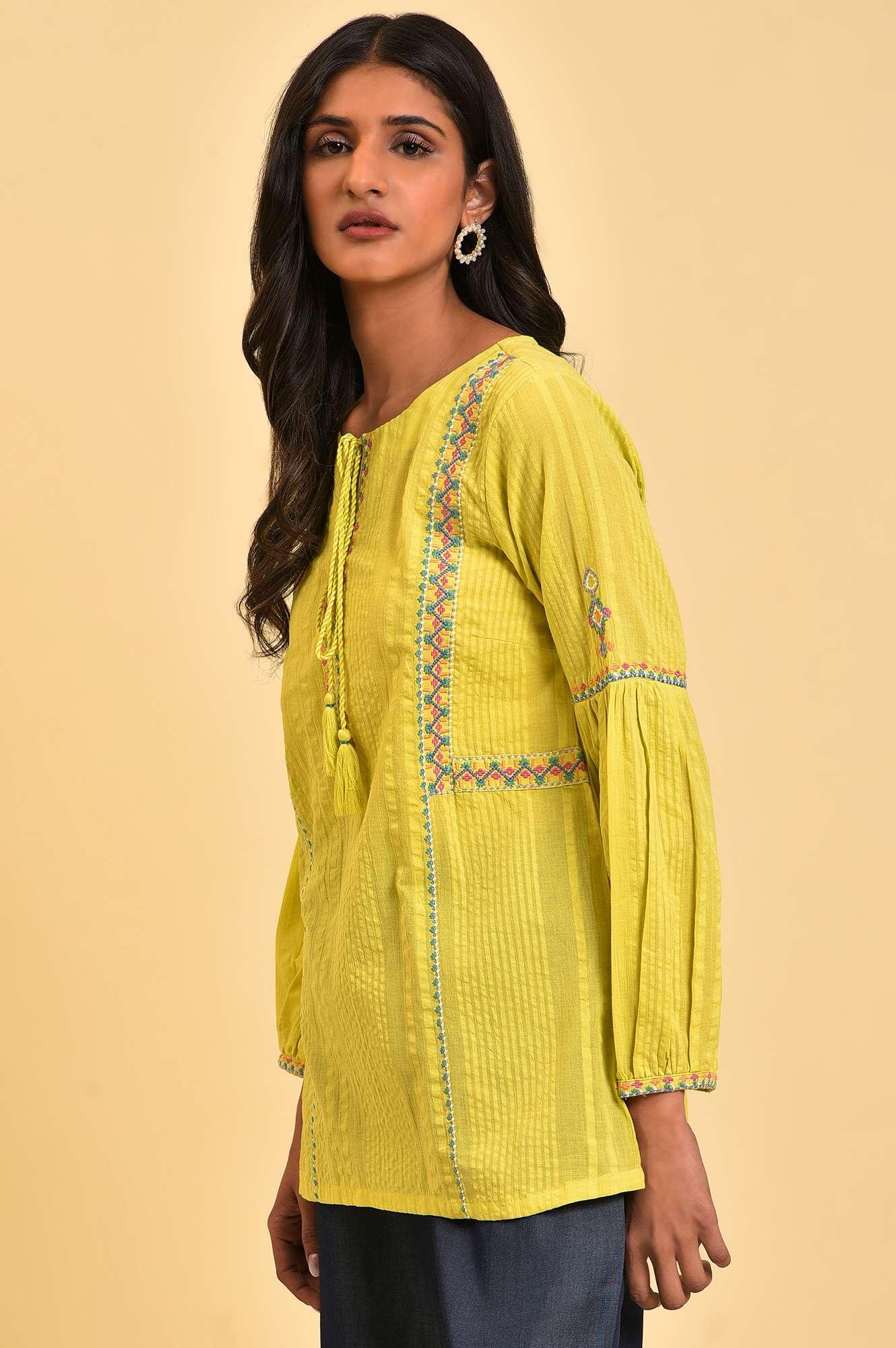 Lime Yellow Textured Cotton Printed Top - Image 3