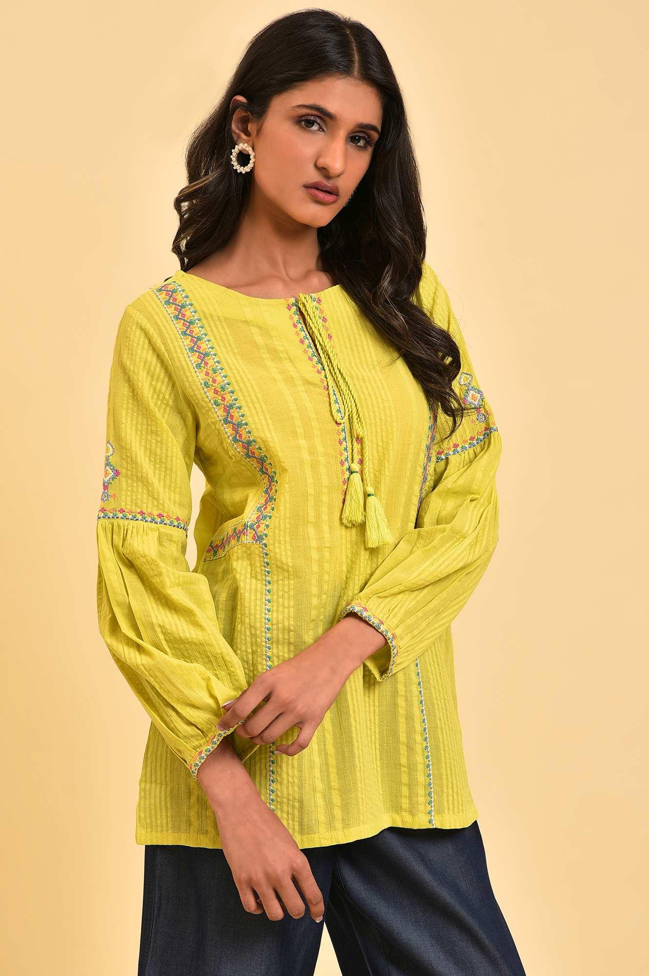 Lime Yellow Textured Cotton Printed Top - Image 4