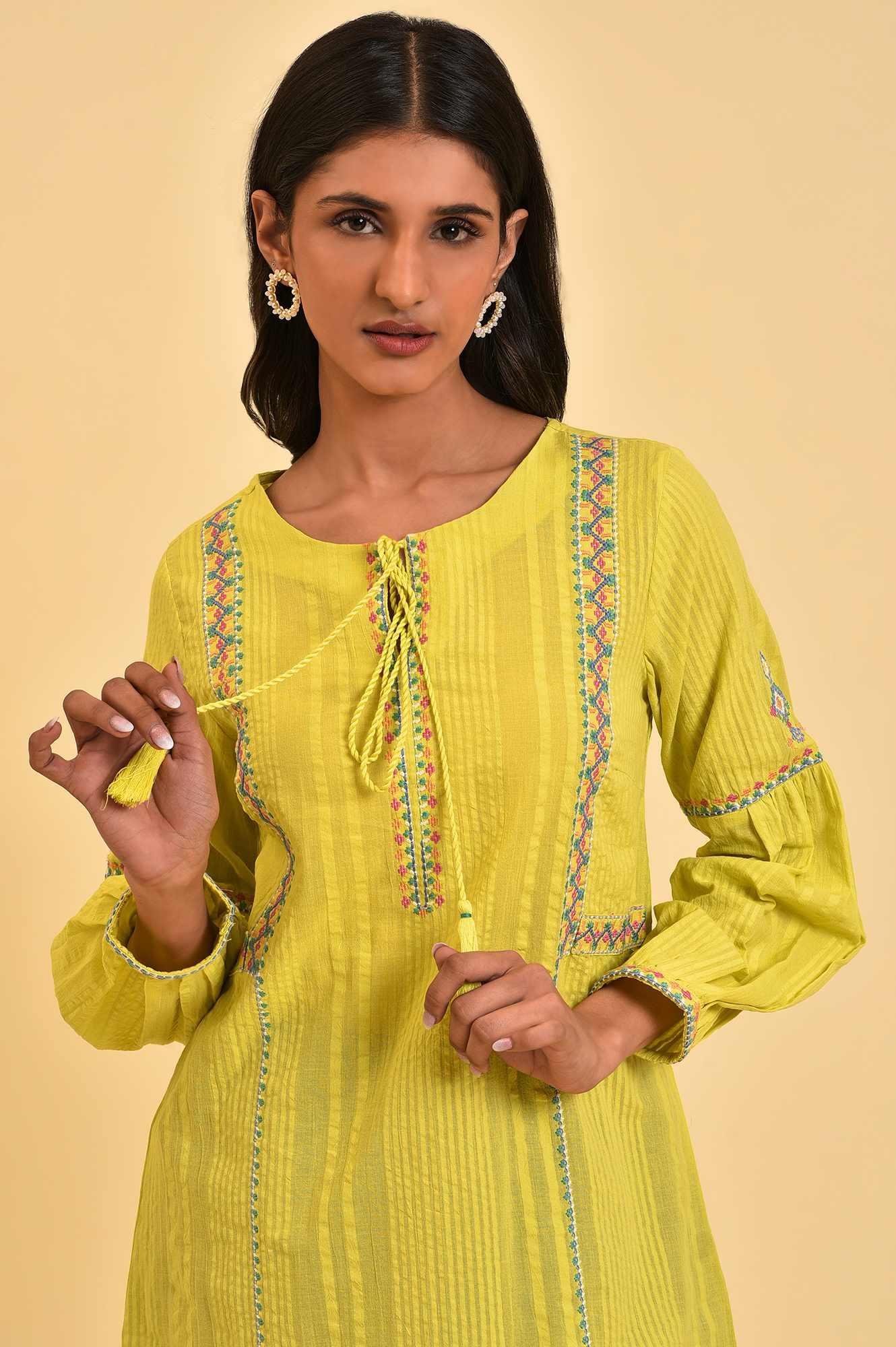 Lime Yellow Textured Cotton Printed Top - Image 5