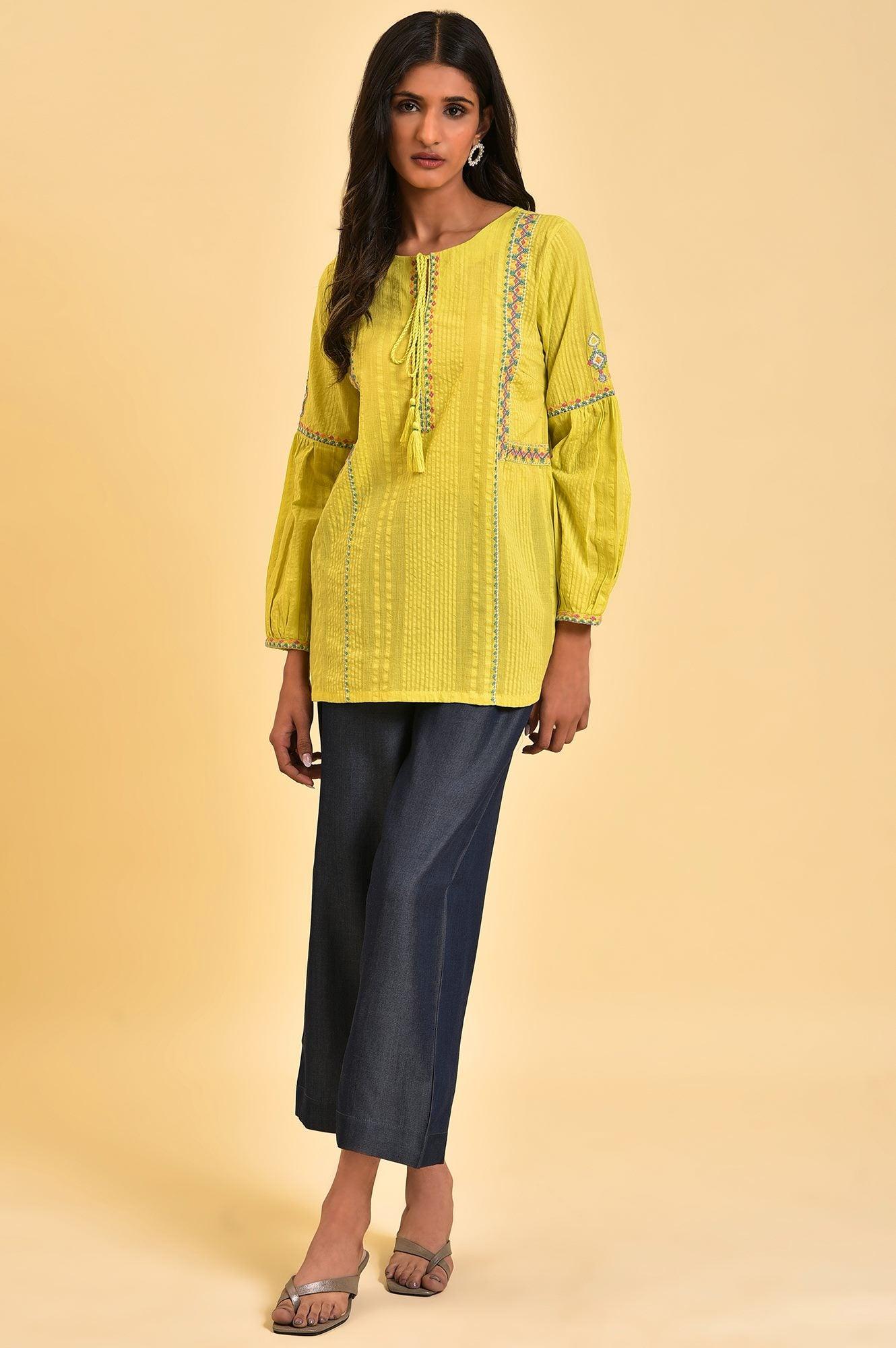 Lime Yellow Textured Cotton Printed Top - Image 6