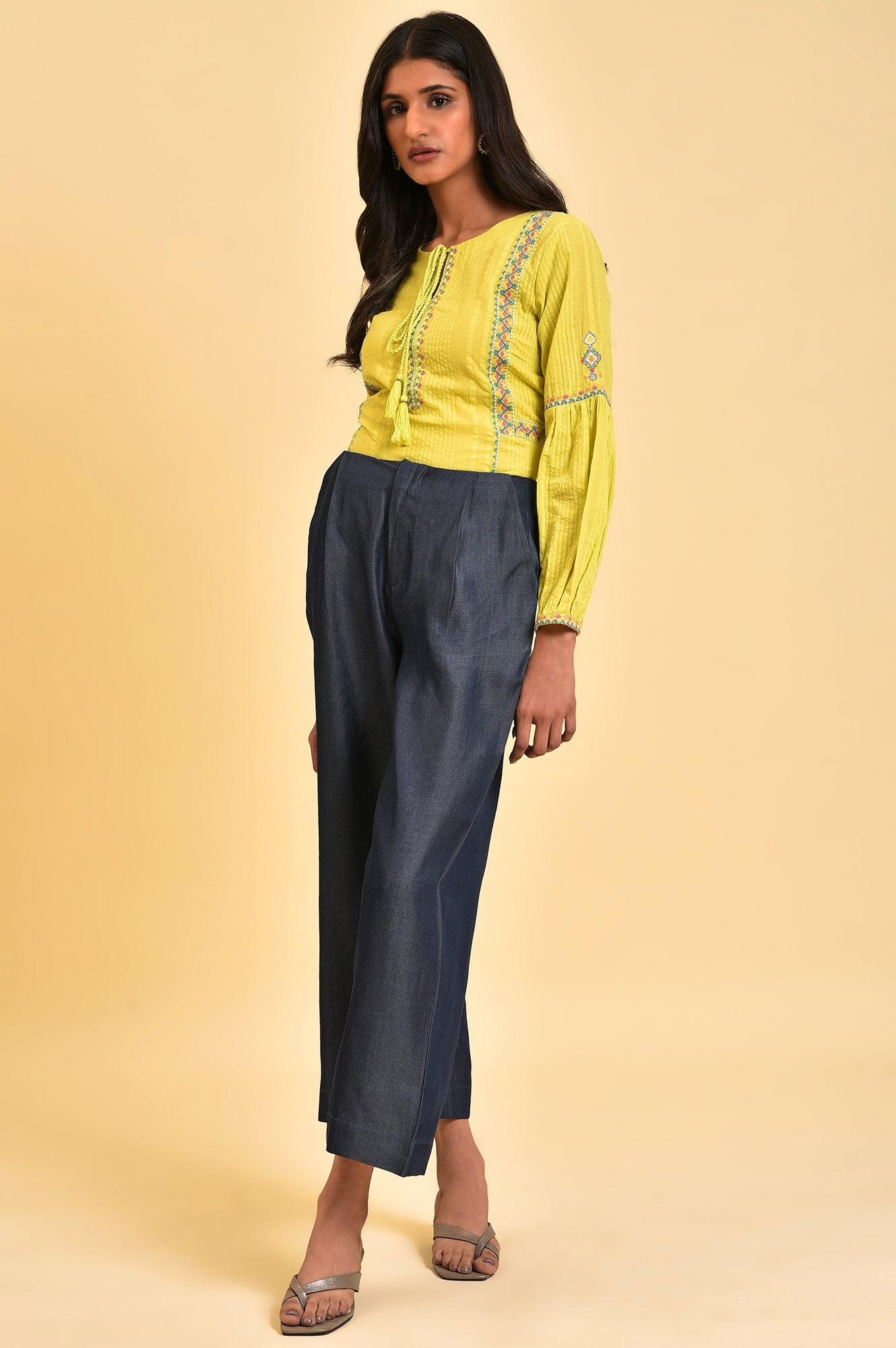 Lime Yellow Textured Cotton Printed Top - Image 7