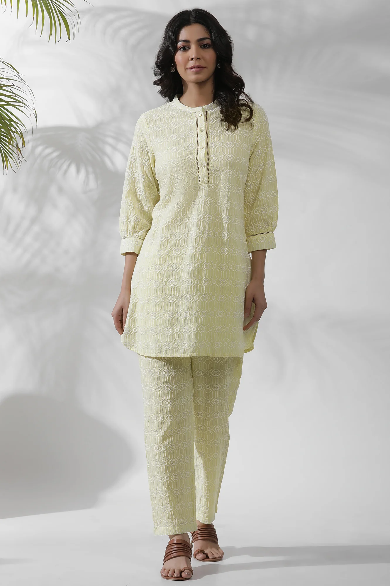 Lime Yellow Short Embroidered Kurta And Pants Set - Image 2