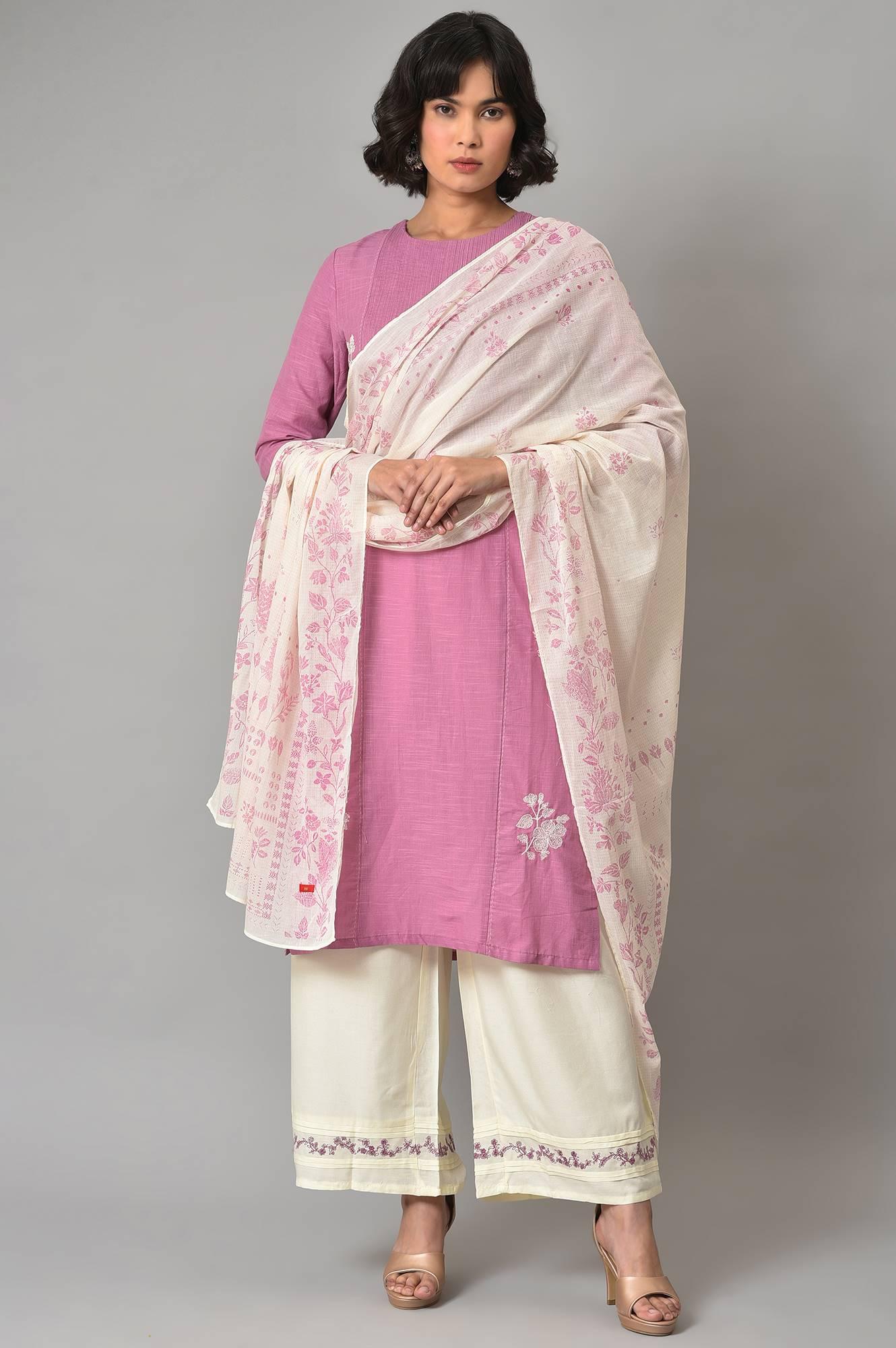 Liva Eco Pink Embroidered kurta With Off-White Pants And Dupatta Set - Image 10