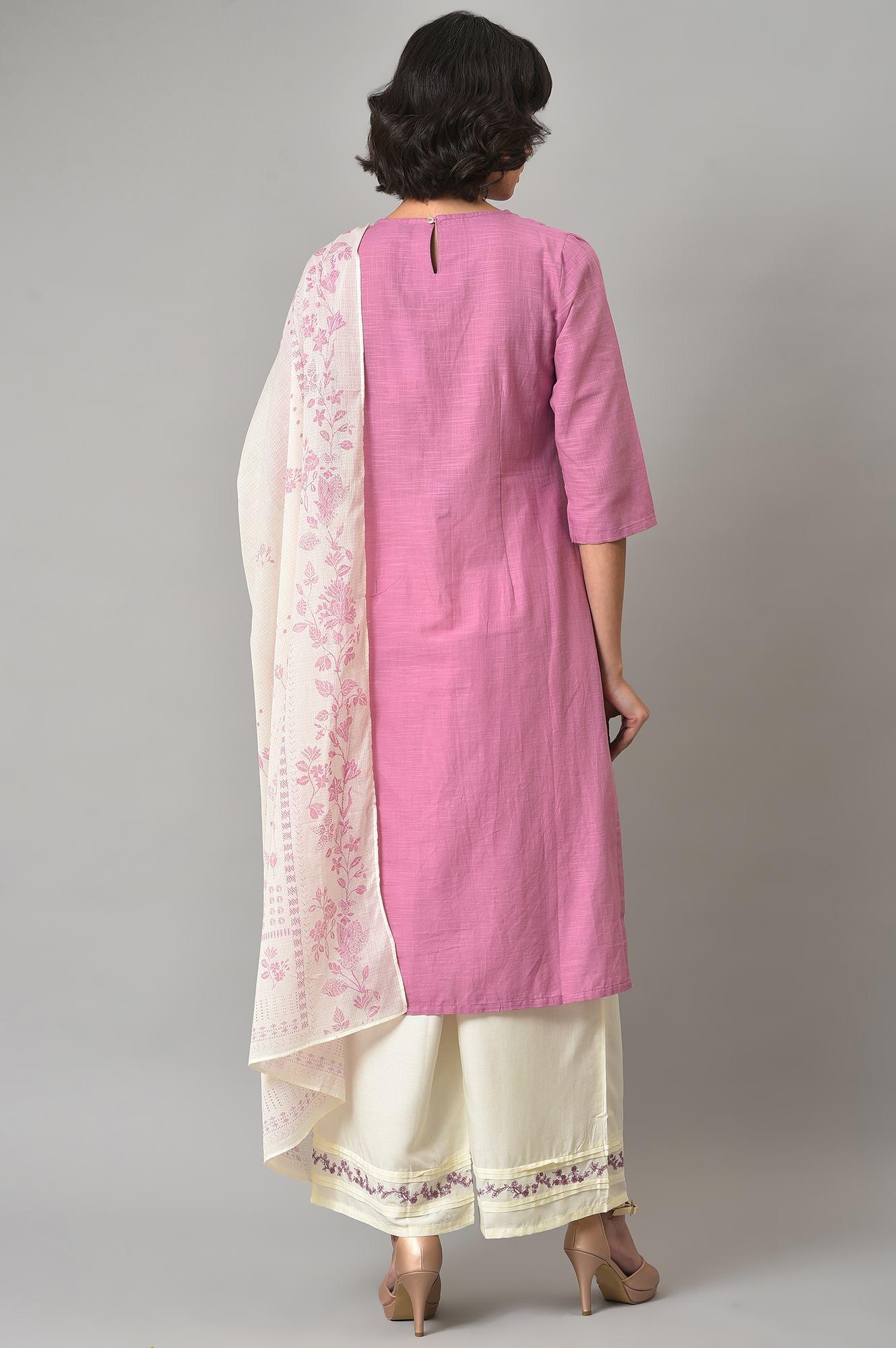 Liva Eco Pink Embroidered kurta With Off-White Pants And Dupatta Set - Image 2
